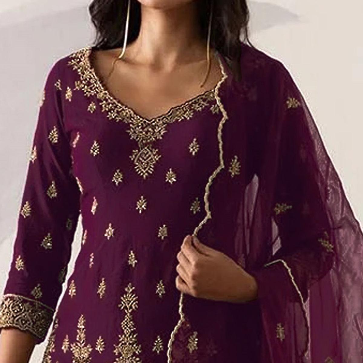 Wine Embroidered With Embellished Georgette Sharara Suit - Peachmode