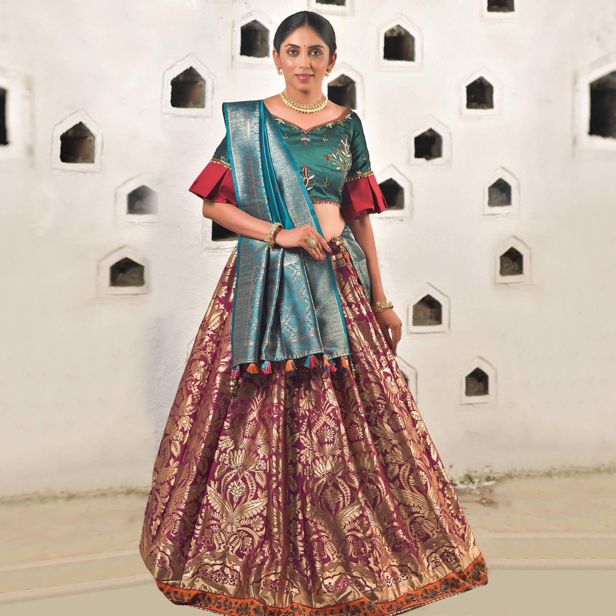 Wine Festive Wear Cutdana With Resham & Zardosi Work Banarasi Art Silk Lehenga Choli - Peachmode