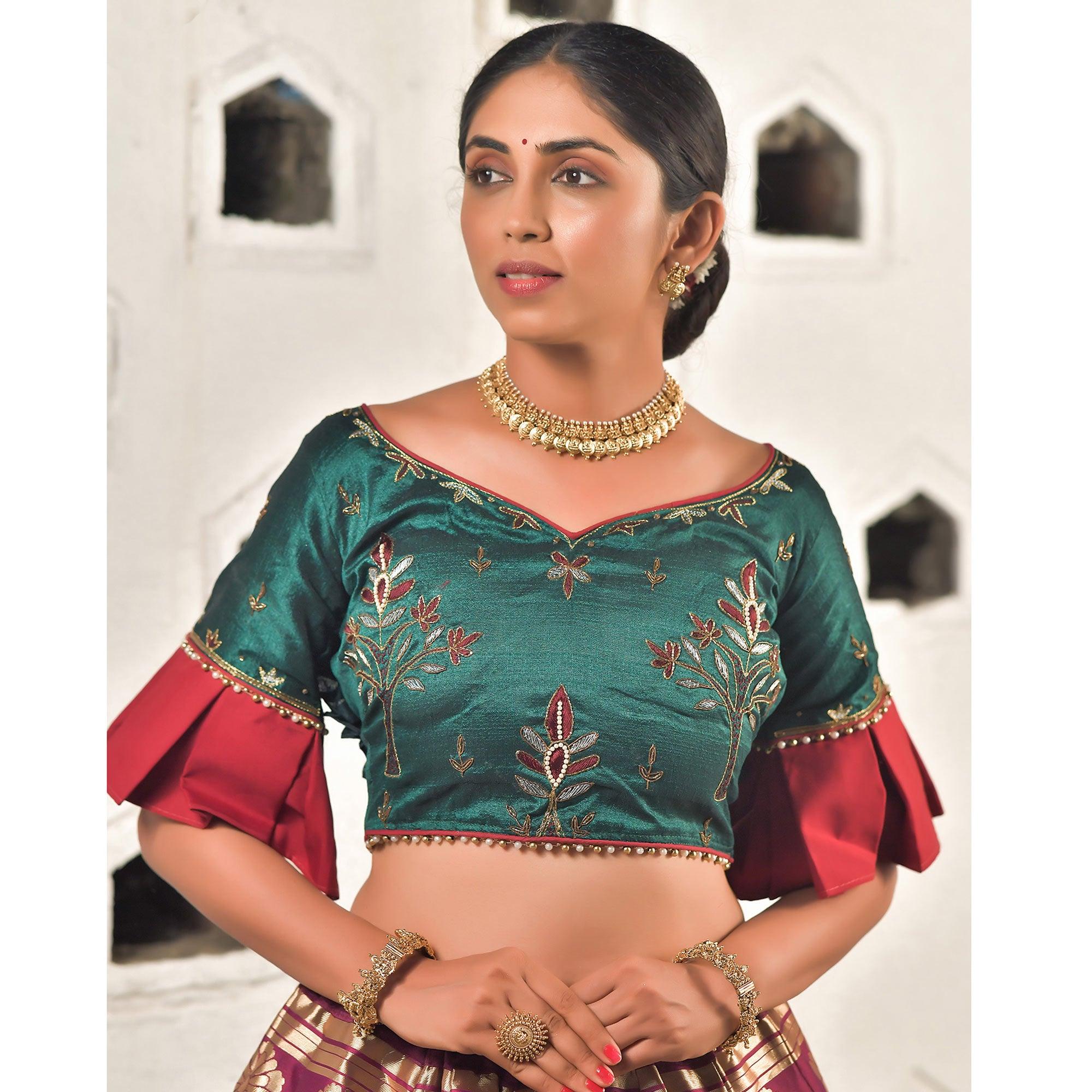 Wine Festive Wear Cutdana With Resham & Zardosi Work Banarasi Art Silk Lehenga Choli - Peachmode