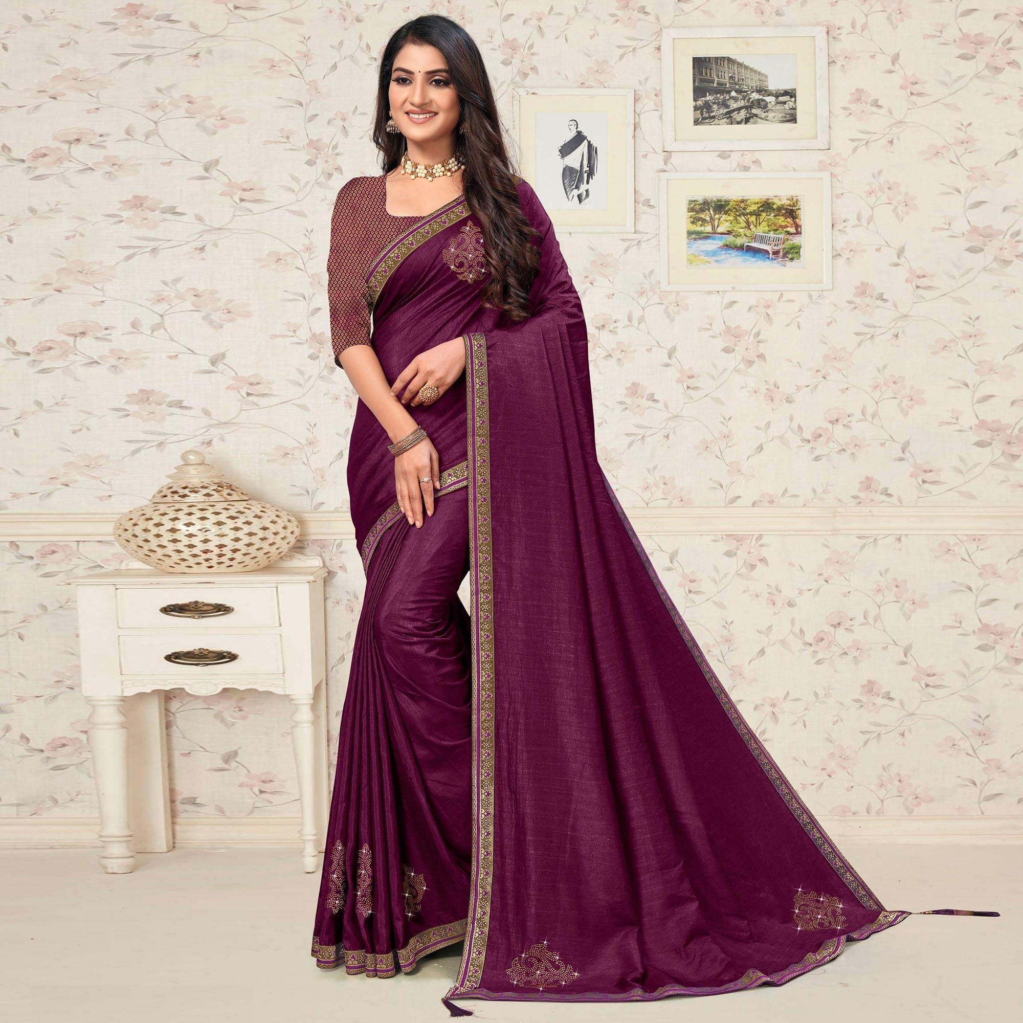 Wine Festive Wear Embellished Vichitra Silk Saree - Peachmode