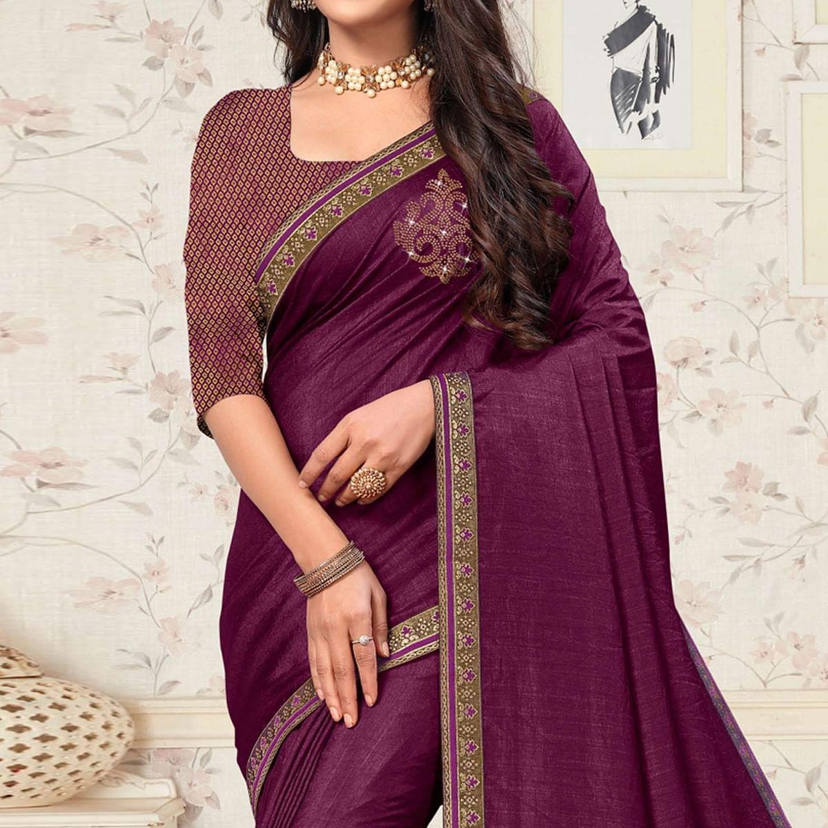 Wine Festive Wear Embellished Vichitra Silk Saree - Peachmode