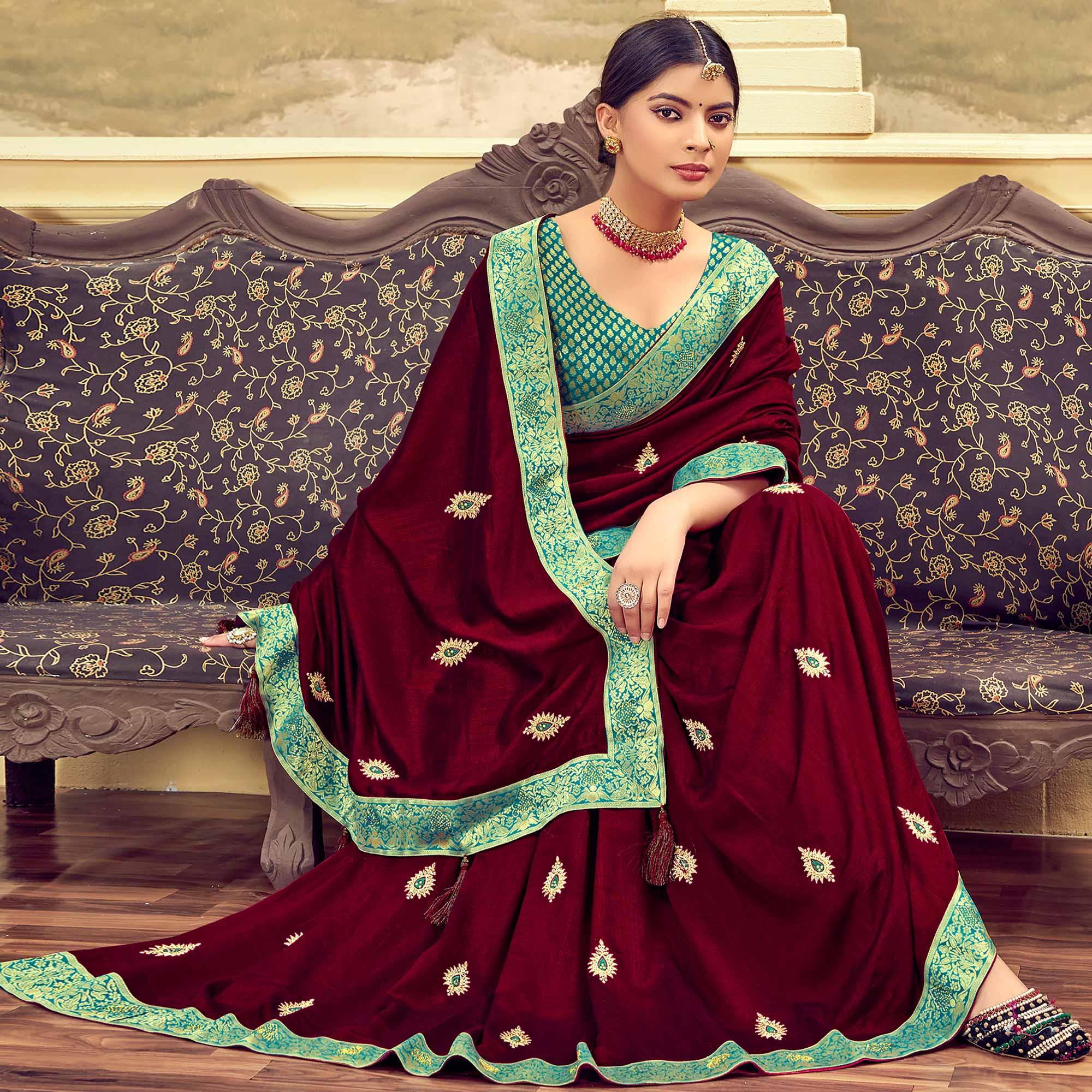 Wine Festive Wear Embroidered & Swarovski Silk Saree - Peachmode