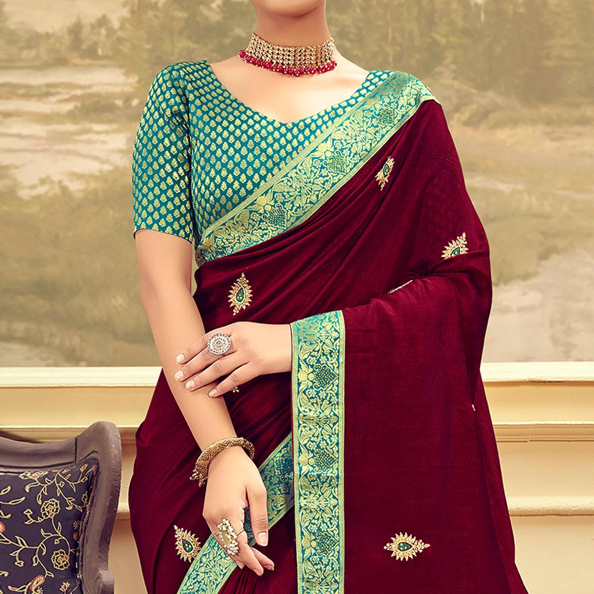 Wine Festive Wear Embroidered & Swarovski Silk Saree - Peachmode