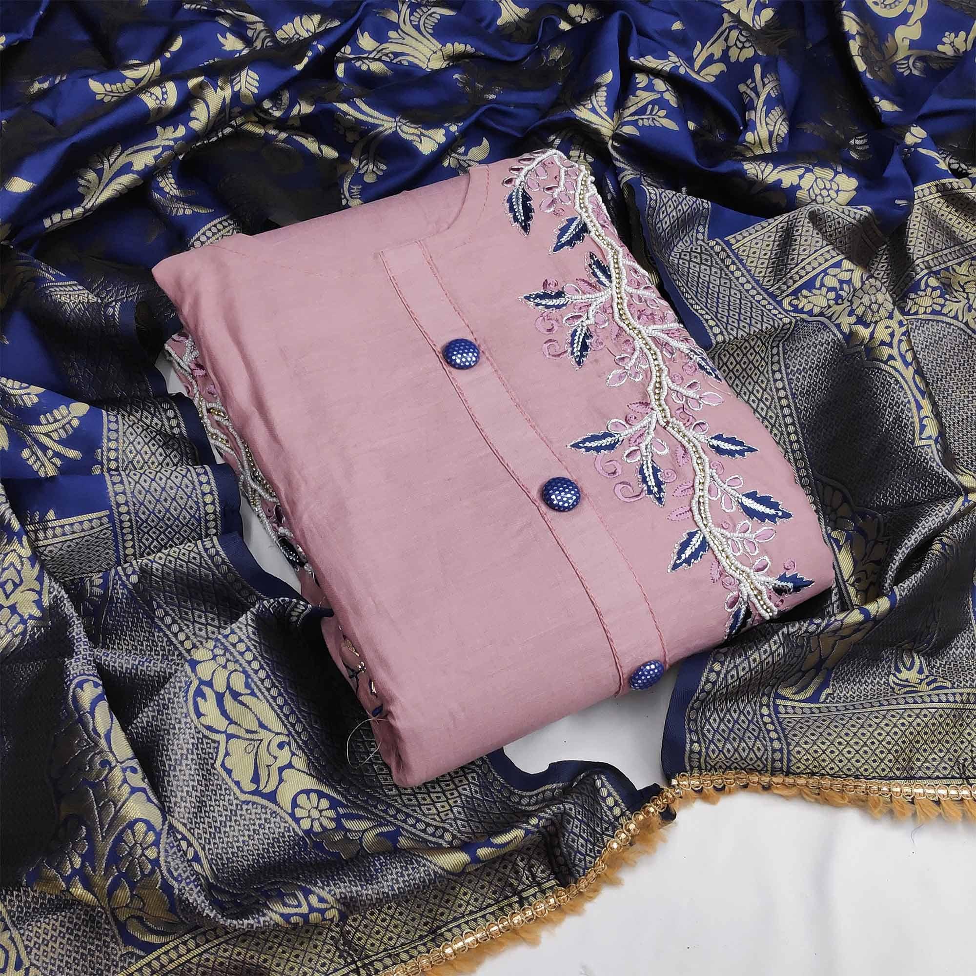 Wine Festive Wear Embroidered Cotton Dress Material - Peachmode