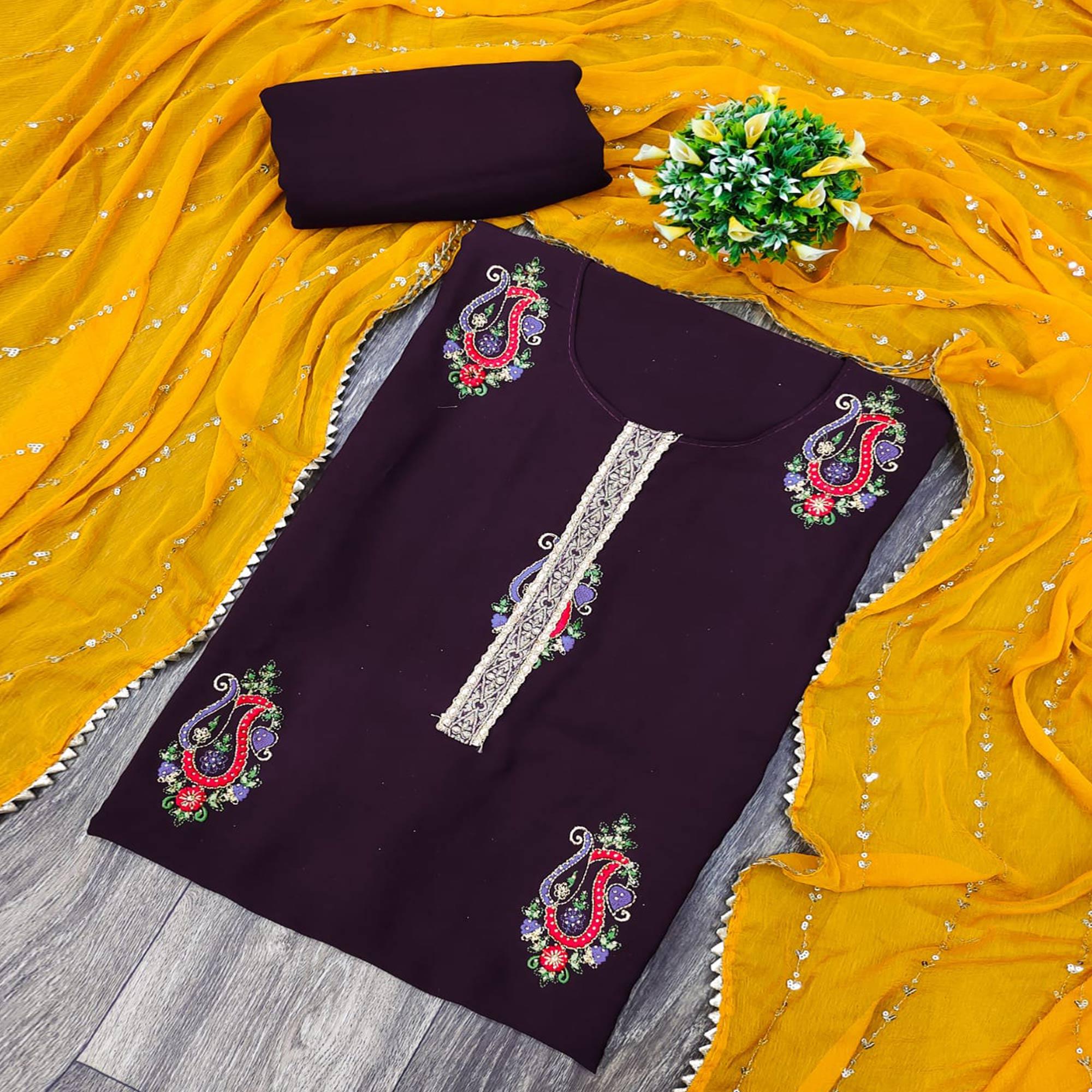 Wine Festive Wear Embroidered Cotton Dress Material - Peachmode