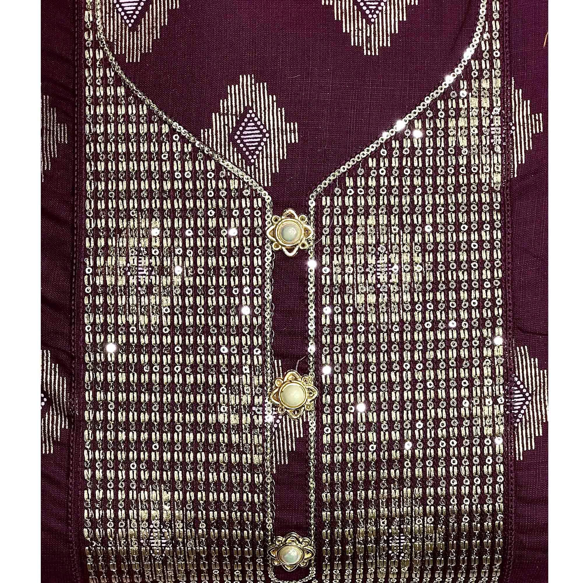 Wine Festive Wear Embroidered Cotton Dress Material - Peachmode