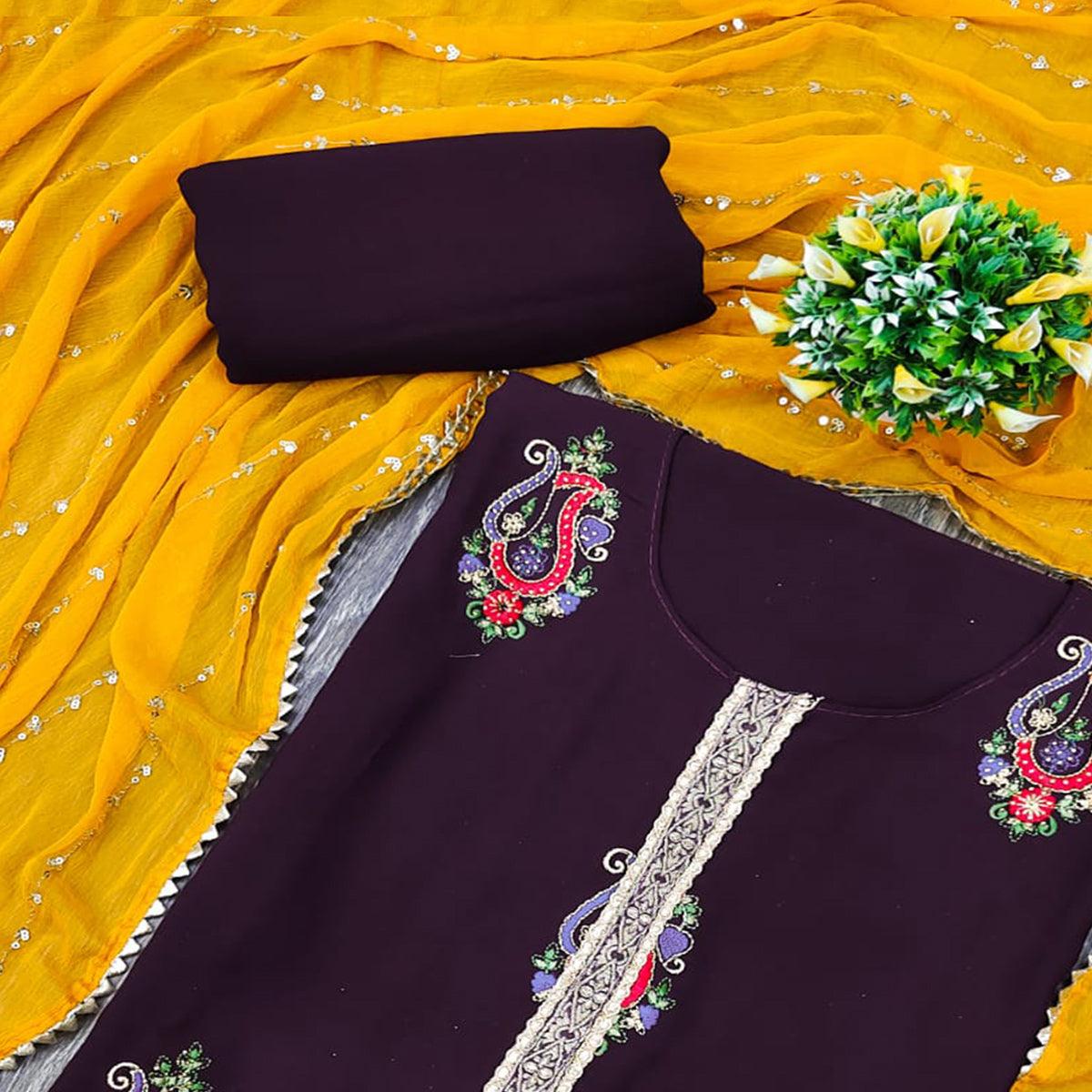 Wine Festive Wear Embroidered Cotton Dress Material - Peachmode