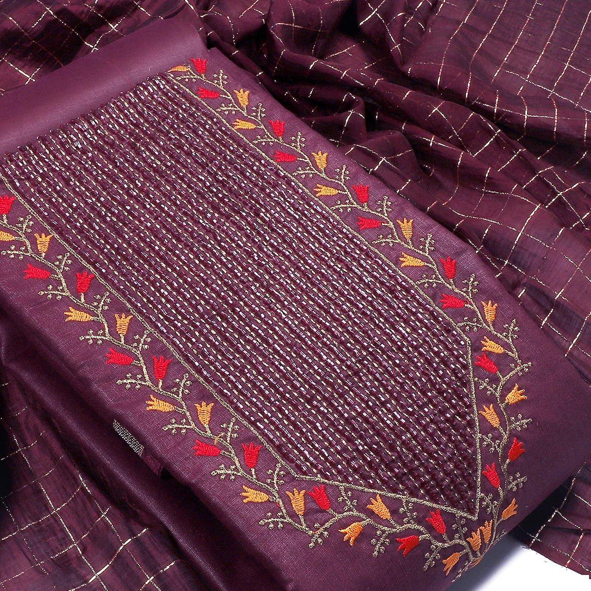 Wine Festive Wear Embroidered Cotton Dress Material - Peachmode