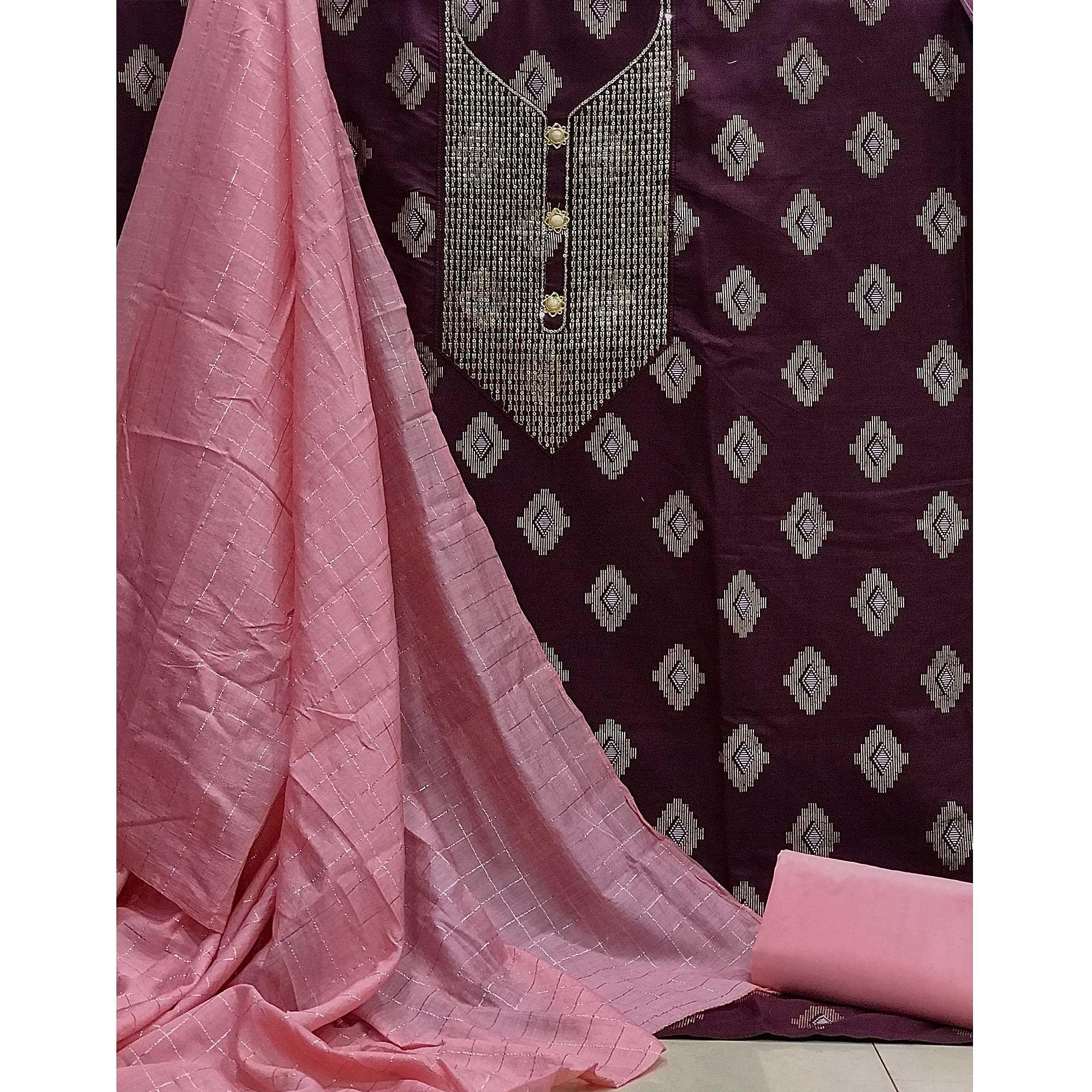 Wine Festive Wear Embroidered Cotton Dress Material - Peachmode