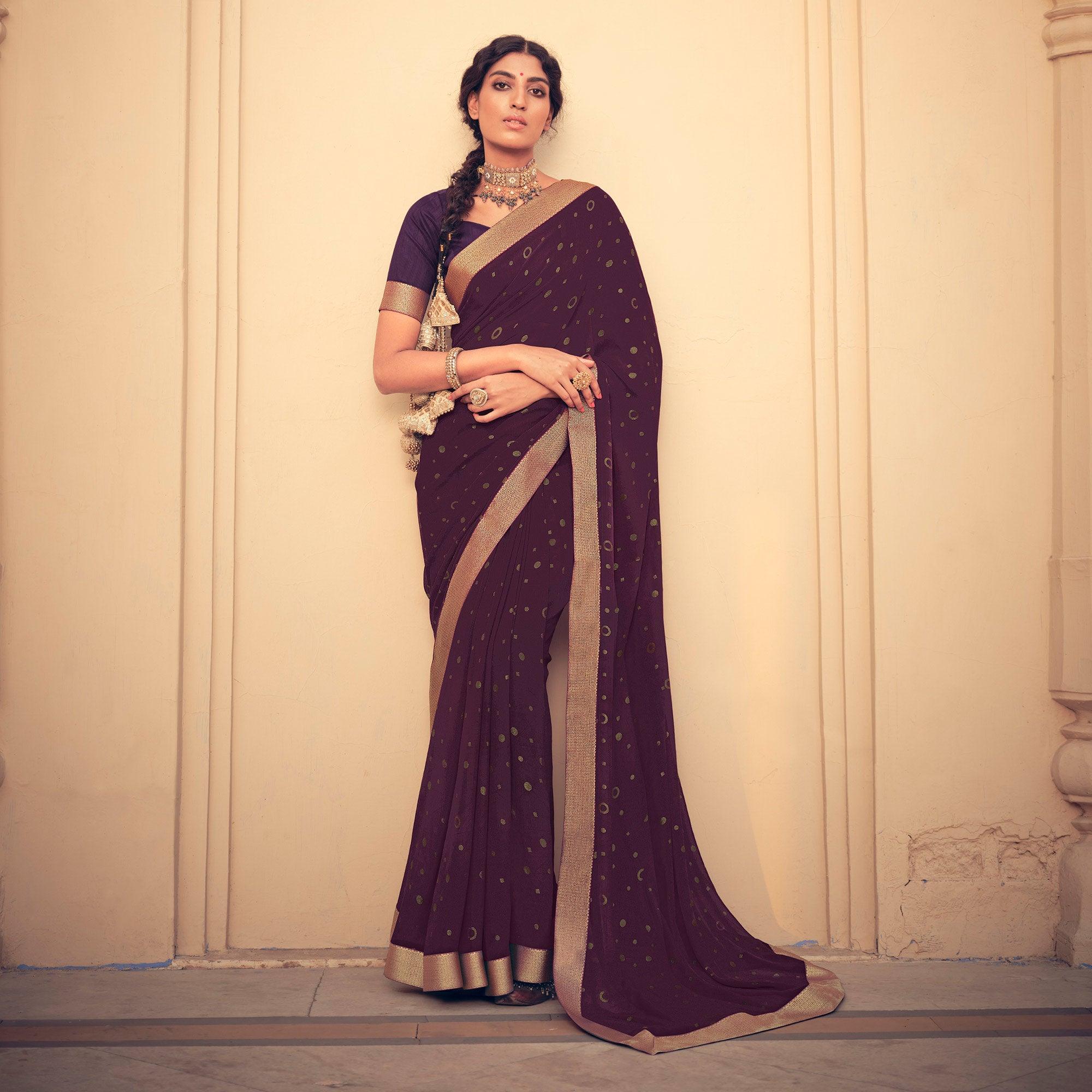 Wine Festive Wear Fancy Smoke Printed Georgette Saree Fancy Lace - Peachmode