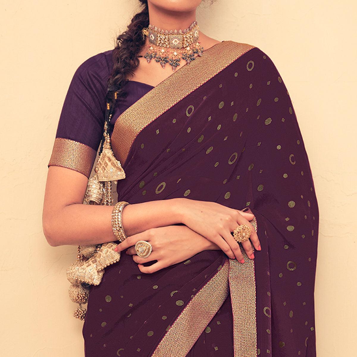 Wine Festive Wear Fancy Smoke Printed Georgette Saree Fancy Lace - Peachmode