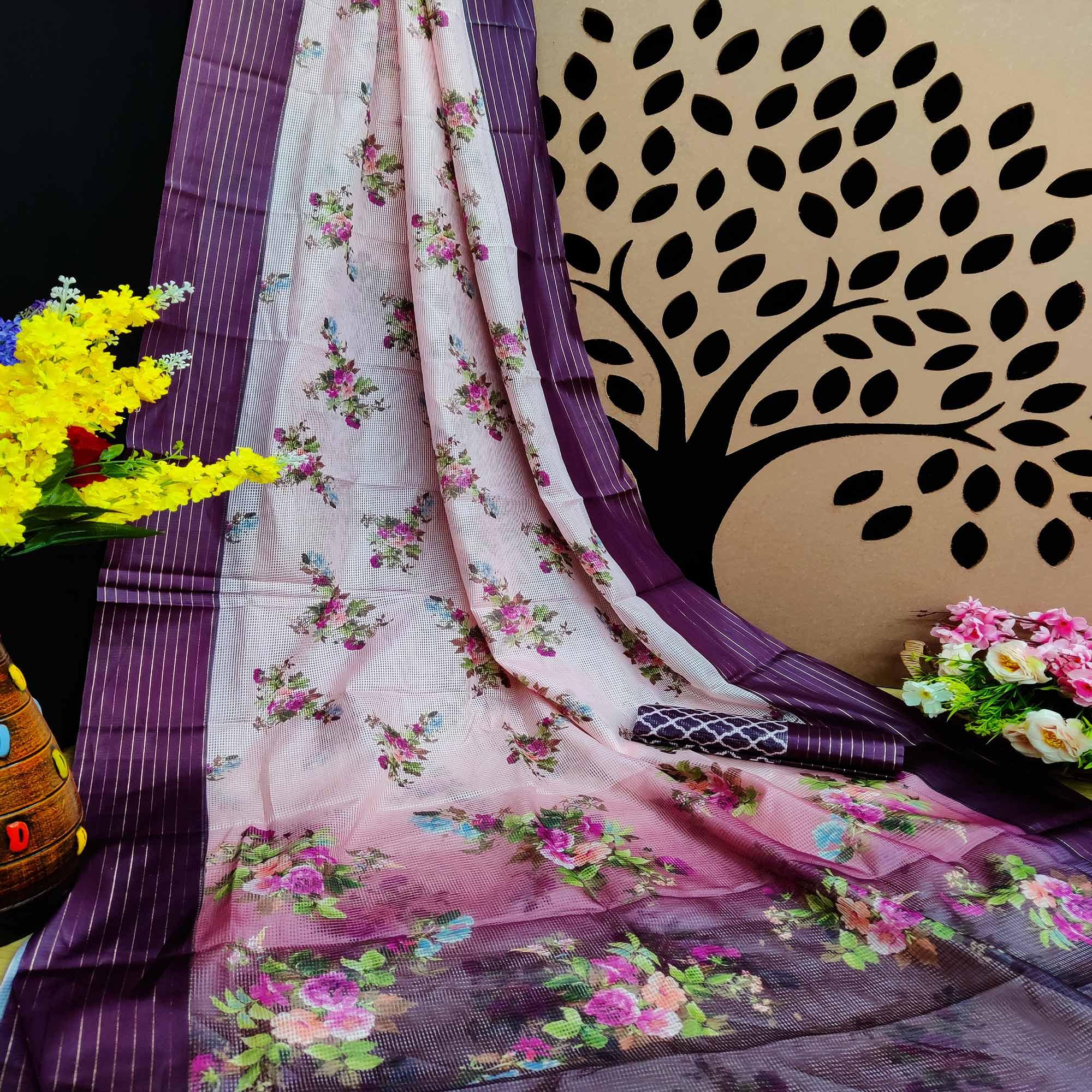 Wine Festive Wear Floral Digital Print With Woven Border Silk Saree - Peachmode