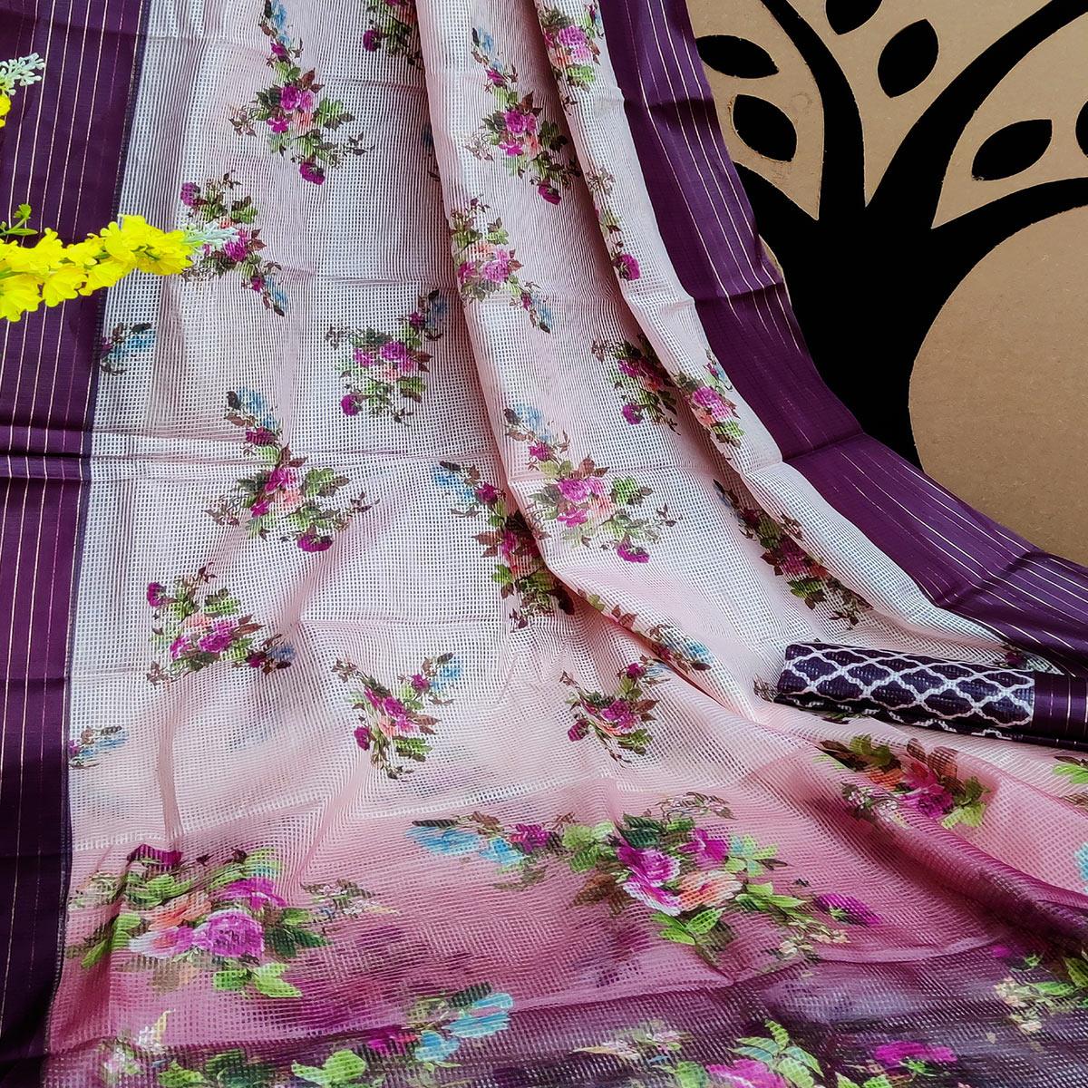 Wine Festive Wear Floral Digital Print With Woven Border Silk Saree - Peachmode
