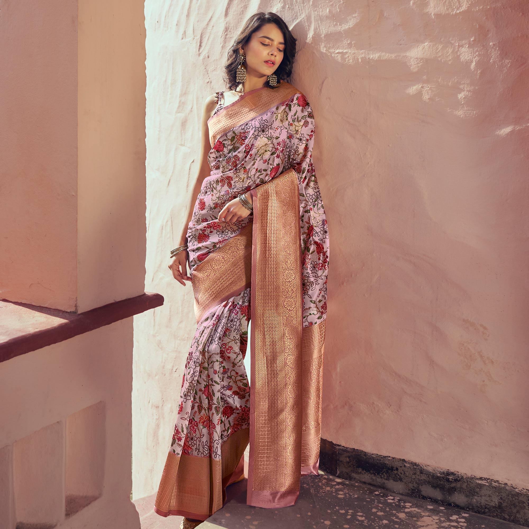 Wine Festive Wear Floral Digital Printed Woven Silk Saree - Peachmode