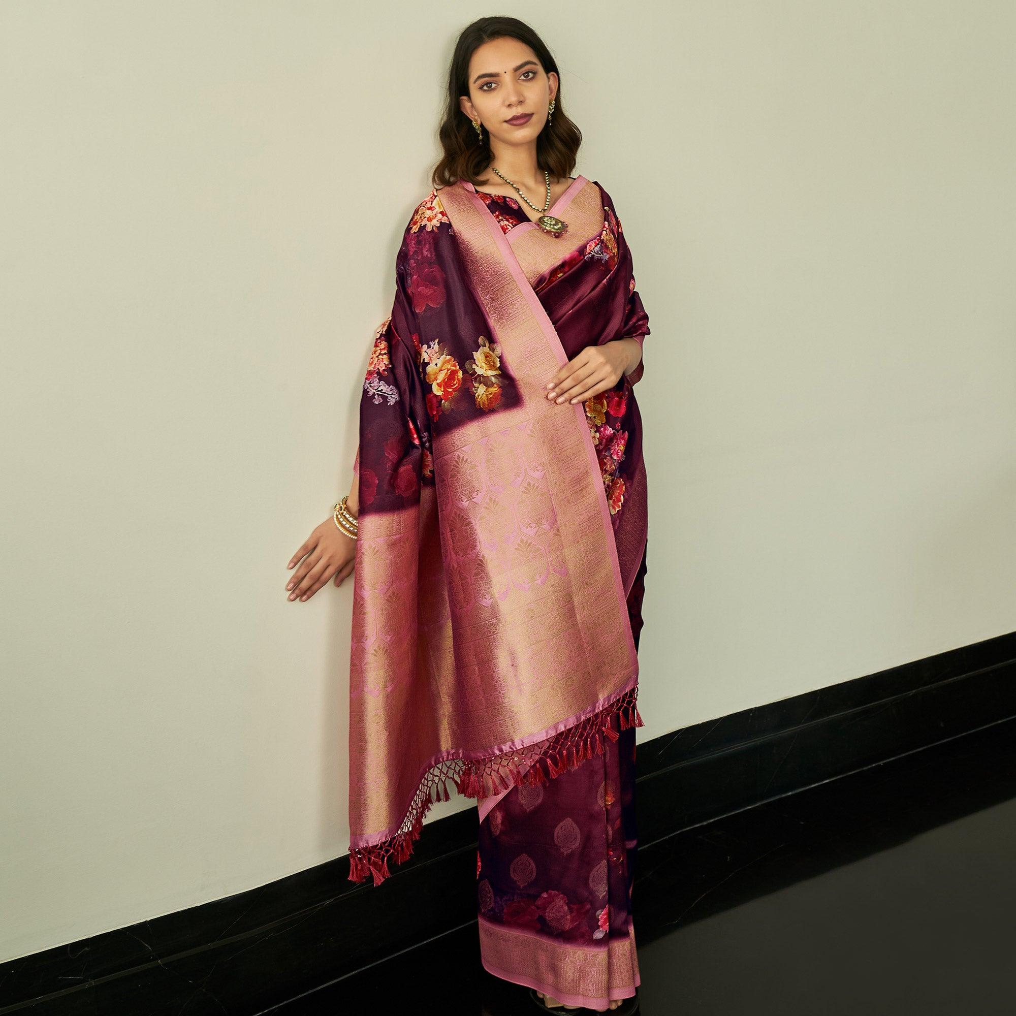 Wine Festive Wear Floral Printed Silk Saree With Woven Border - Peachmode