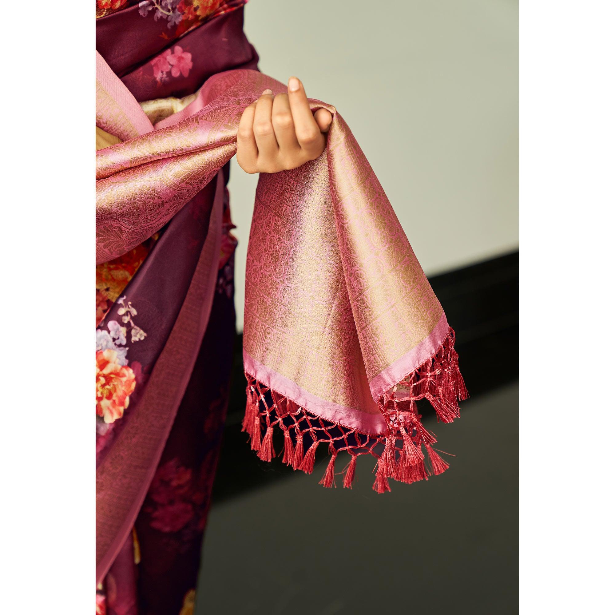 Wine Festive Wear Floral Printed Silk Saree With Woven Border - Peachmode