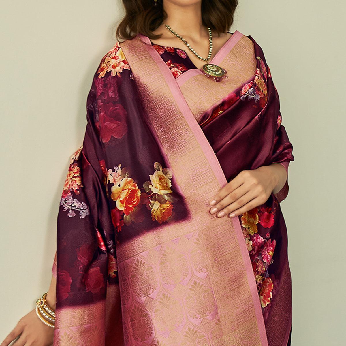 Wine Festive Wear Floral Printed Silk Saree With Woven Border - Peachmode