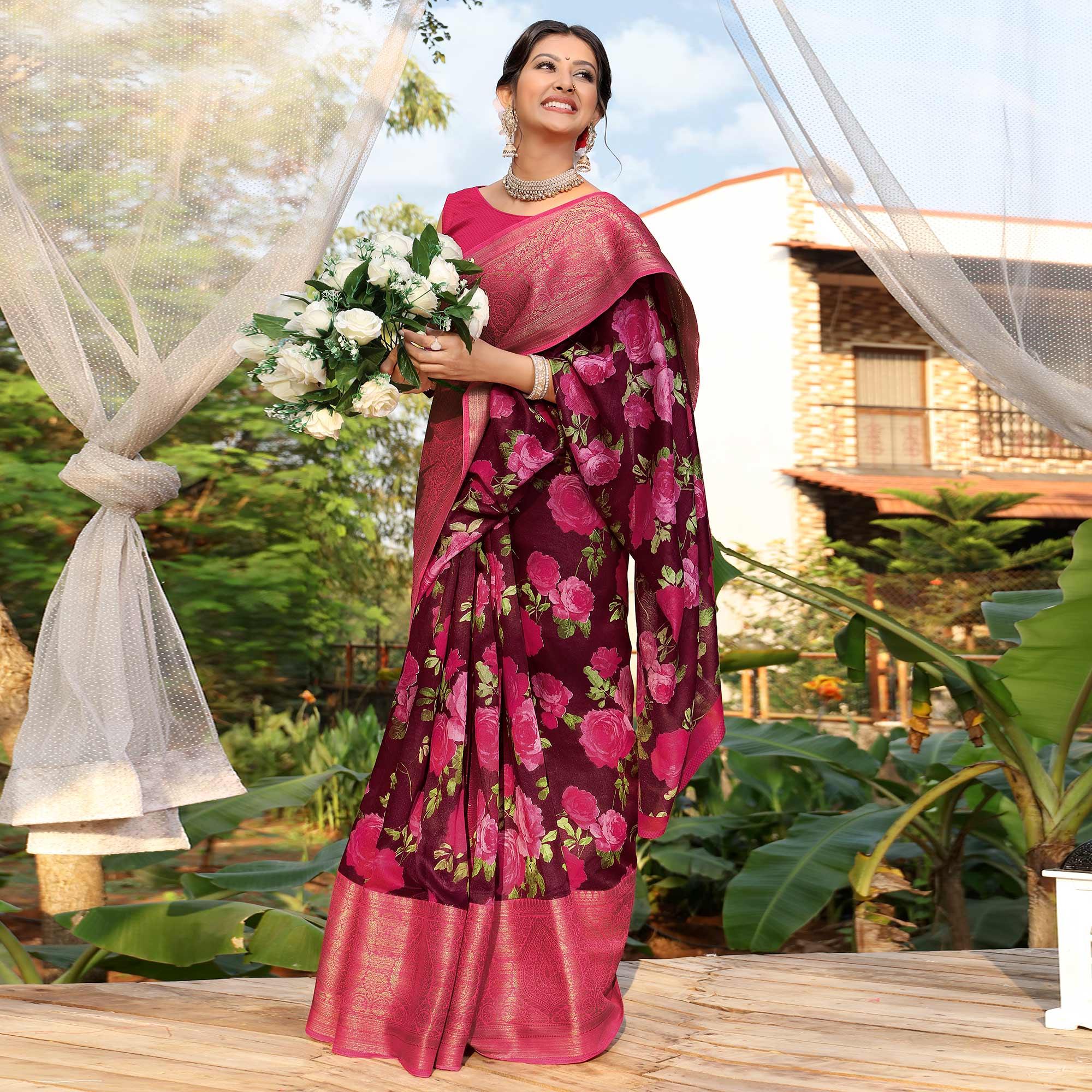 Wine Festive Wear Floral Printed Soft Cotton Saree - Peachmode