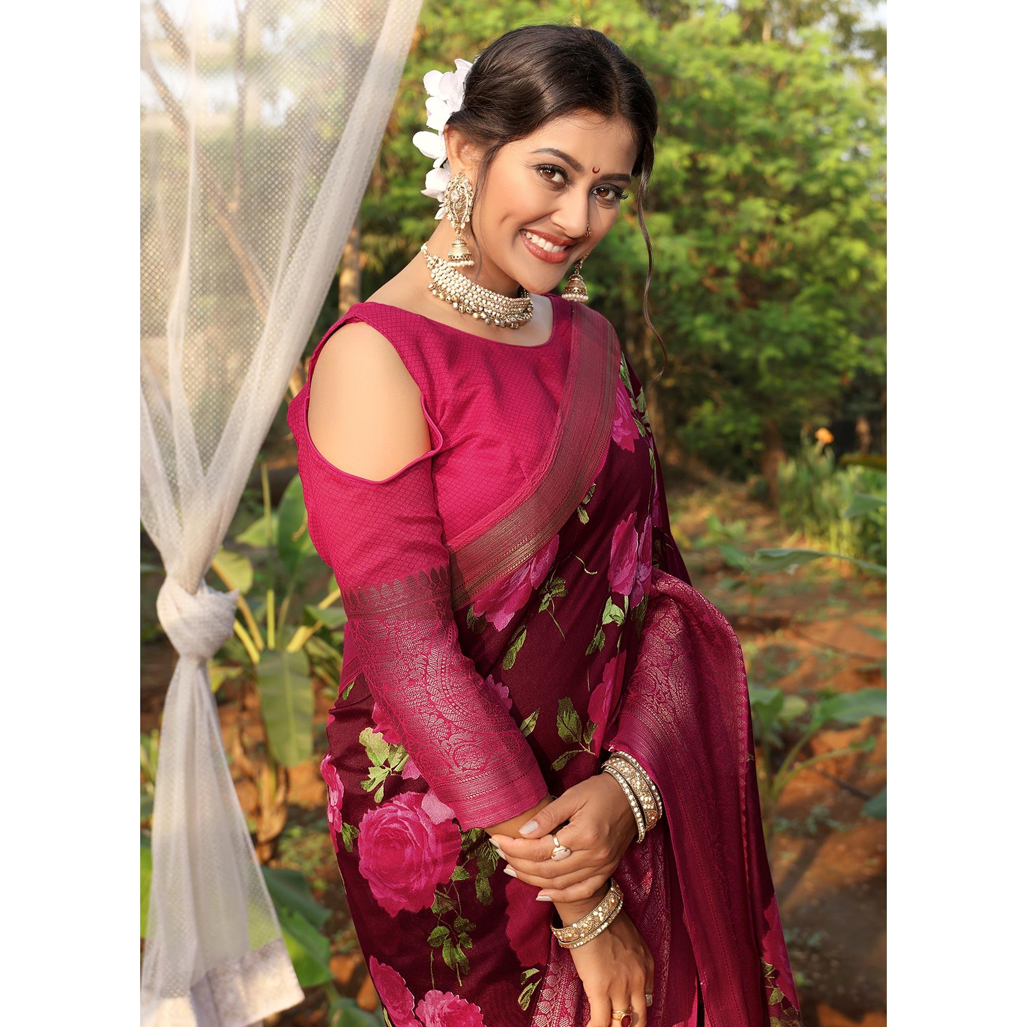 Wine Festive Wear Floral Printed Soft Cotton Saree - Peachmode