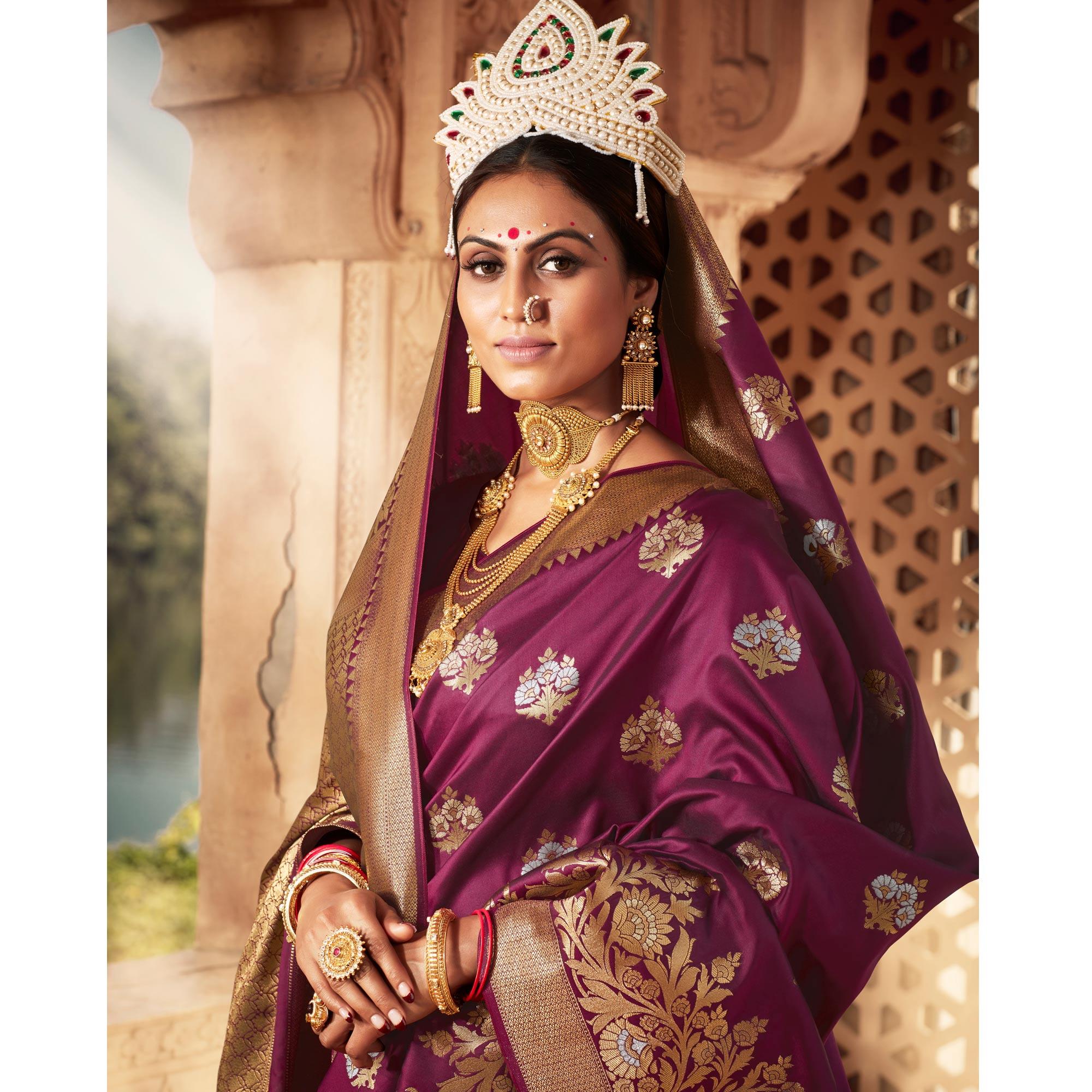 Wine Festive Wear Floral Woven Banarasi Silk Saree - Peachmode