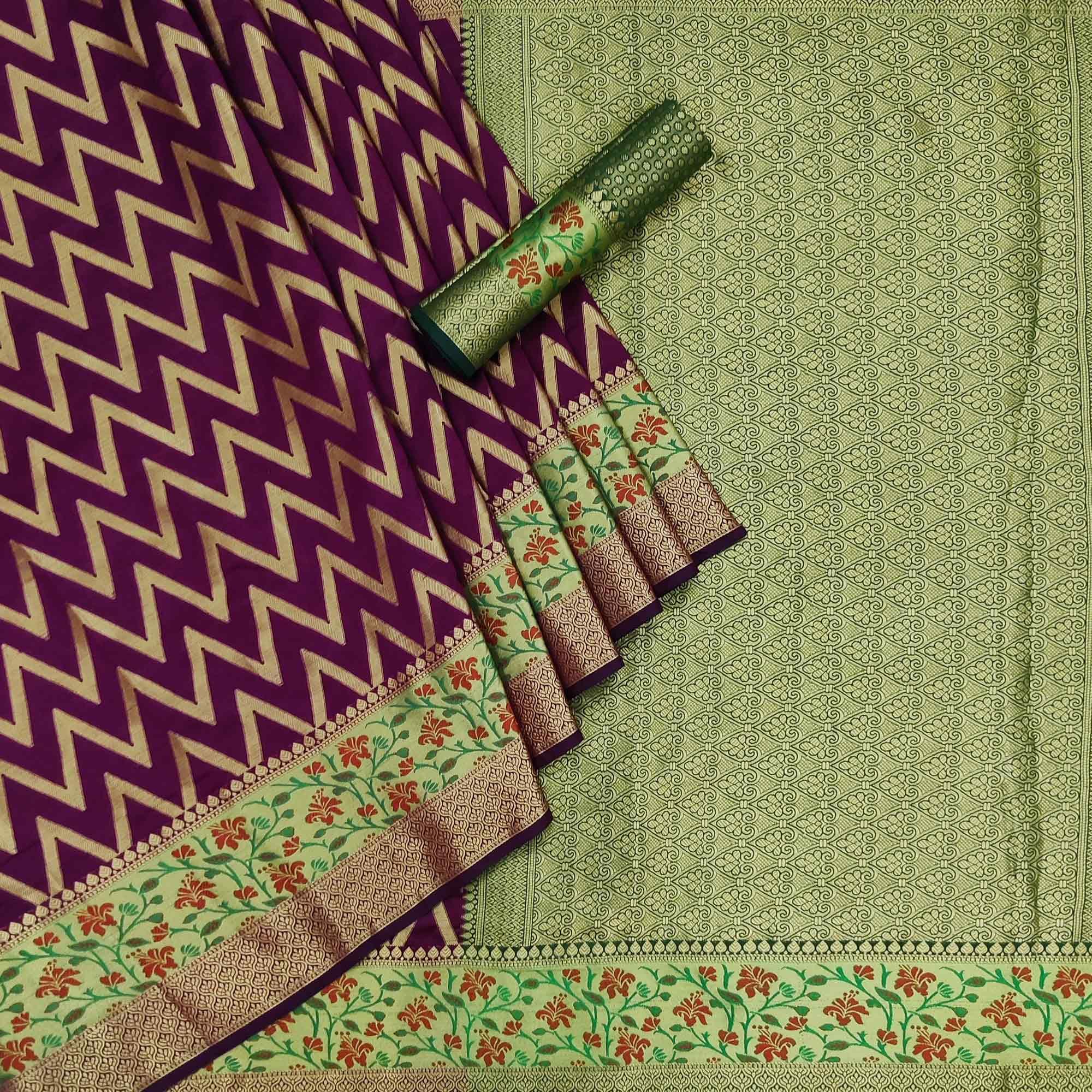 Wine Festive Wear Floral Woven Silk Saree - Peachmode