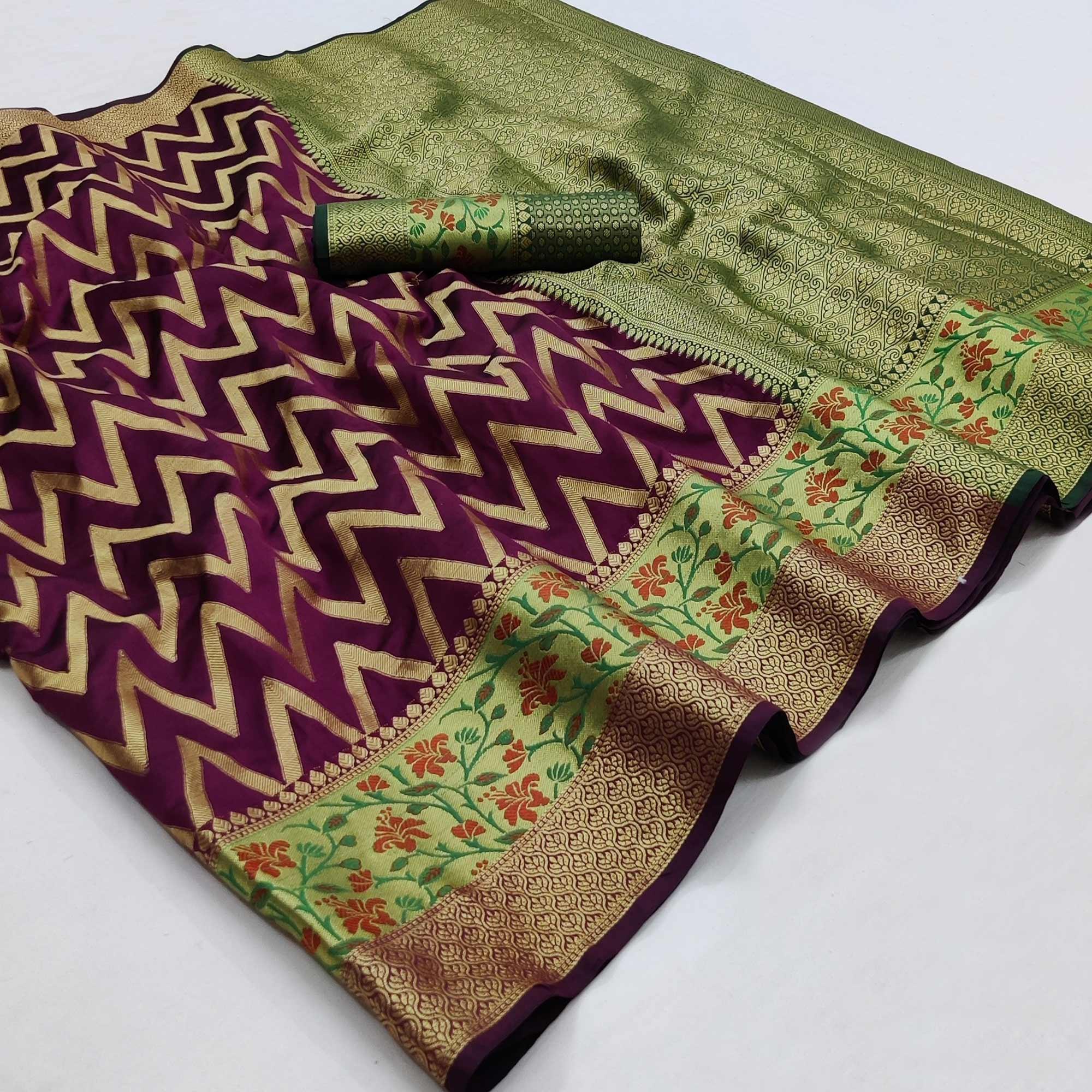 Wine Festive Wear Floral Woven Silk Saree - Peachmode