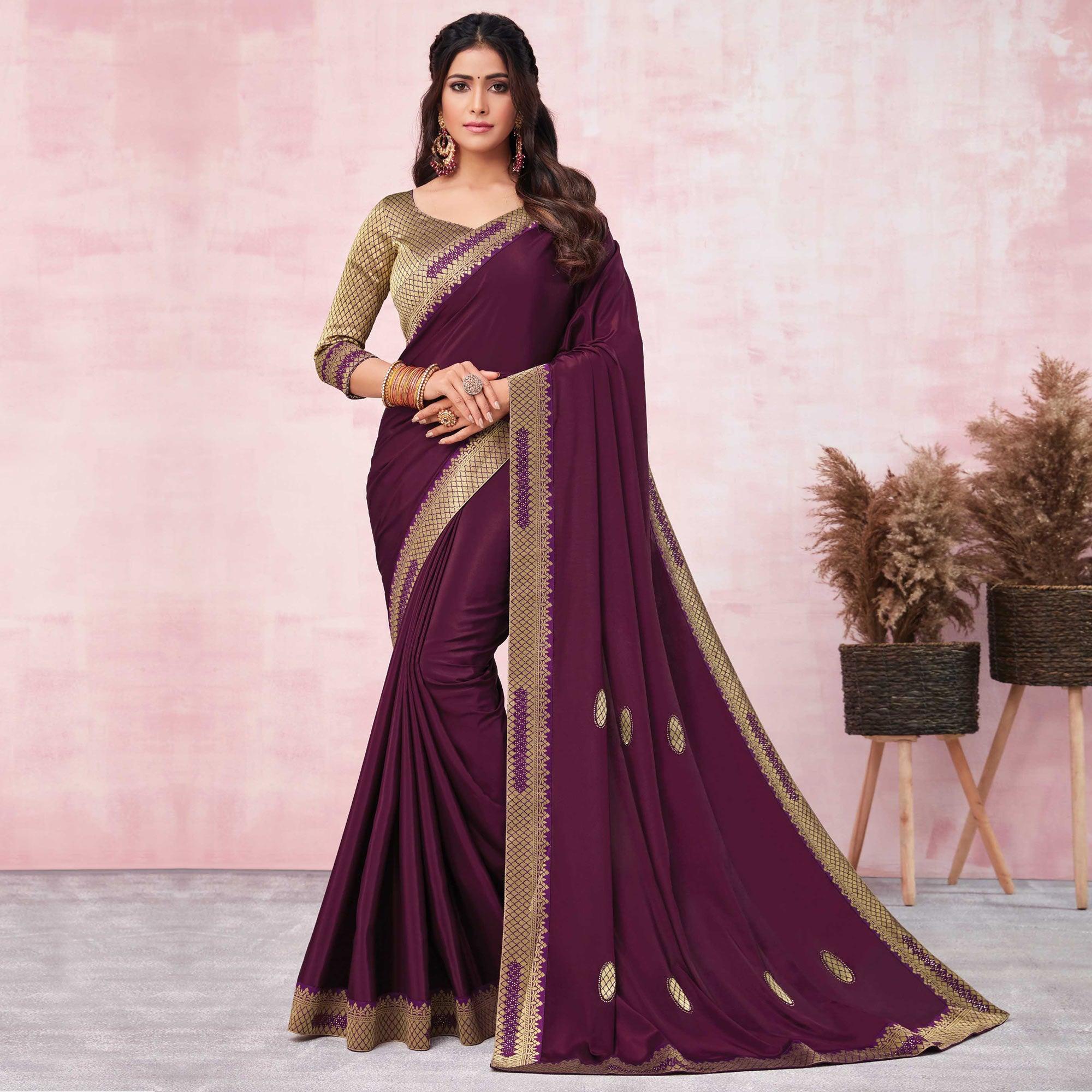 Wine Festive Wear Heavy Silk Saree With Banarasi Lace Border - Peachmode