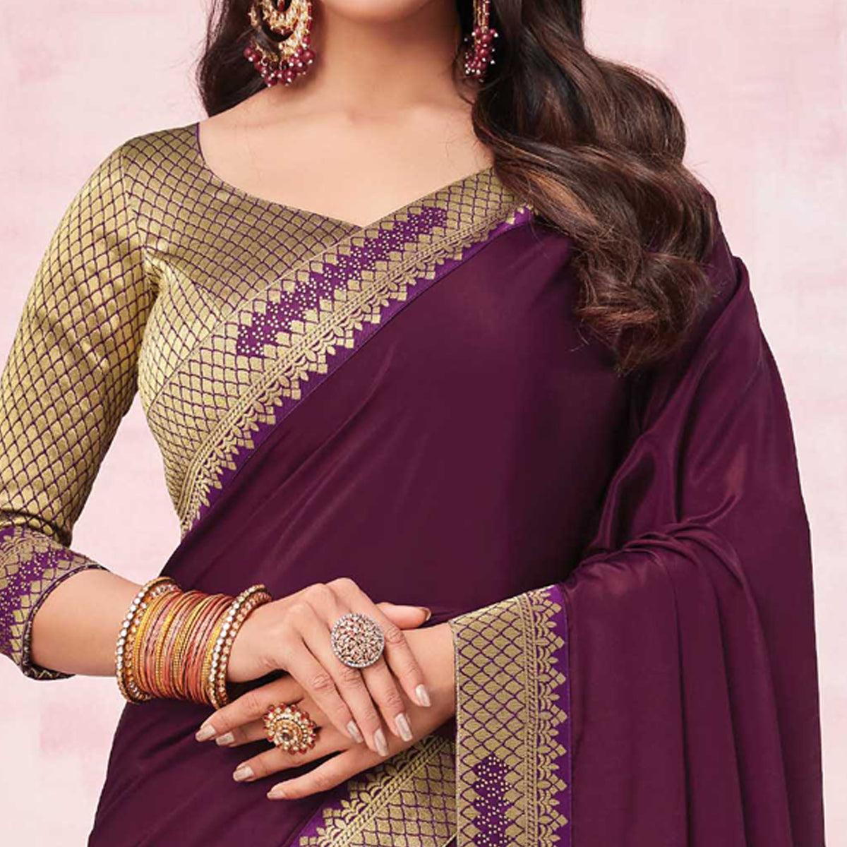 Wine Festive Wear Heavy Silk Saree With Banarasi Lace Border - Peachmode