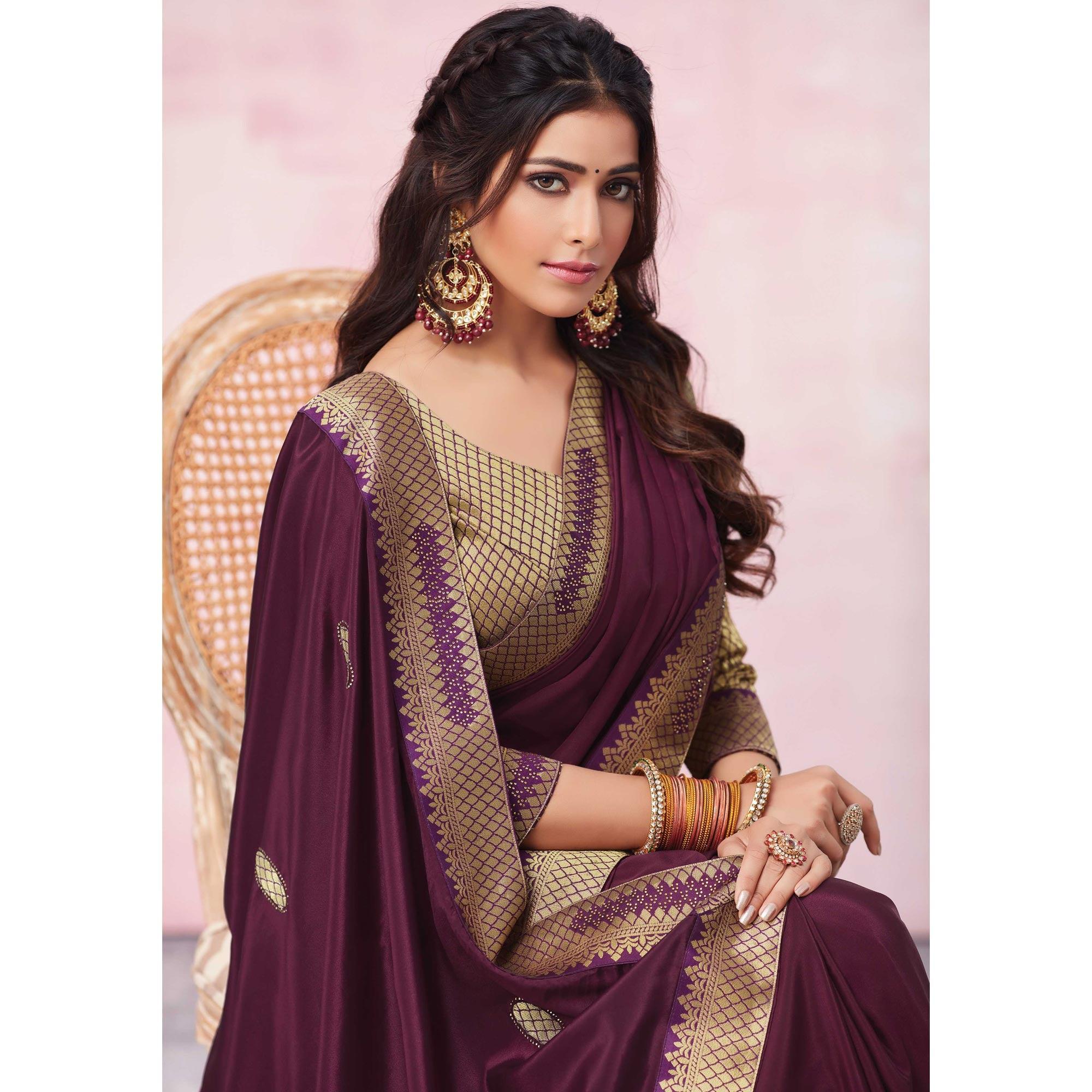 Wine Festive Wear Heavy Silk Saree With Banarasi Lace Border - Peachmode