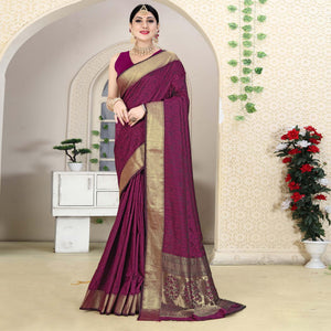 Wine Festive Wear Jacquard Border Soft Silk Saree - Peachmode