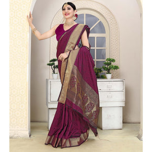 Wine Festive Wear Jacquard Border Soft Silk Saree - Peachmode