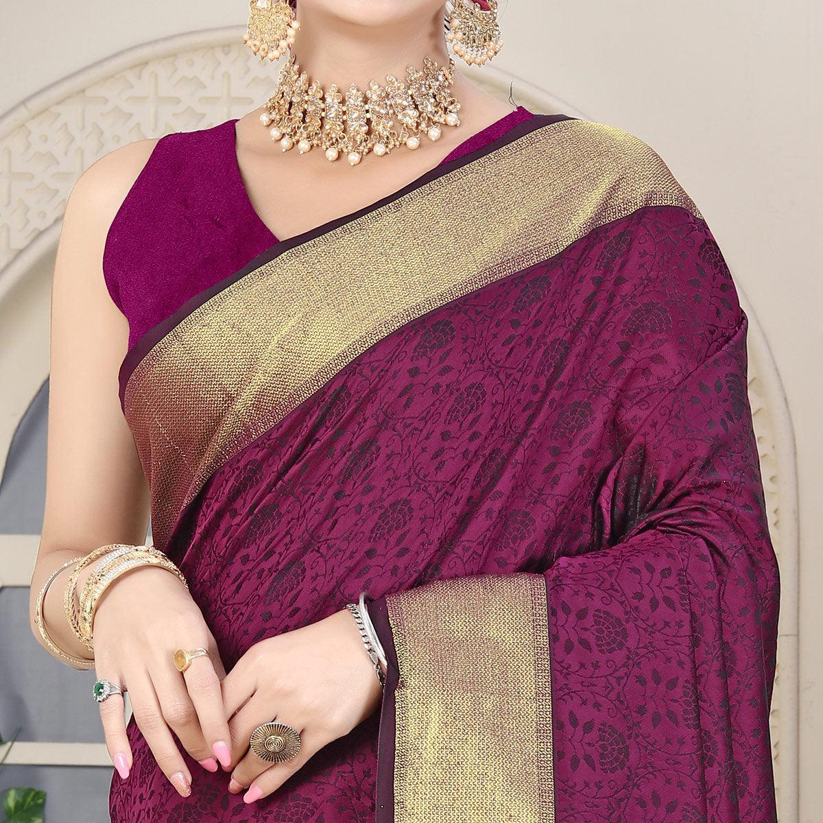 Wine Festive Wear Jacquard Border Soft Silk Saree - Peachmode