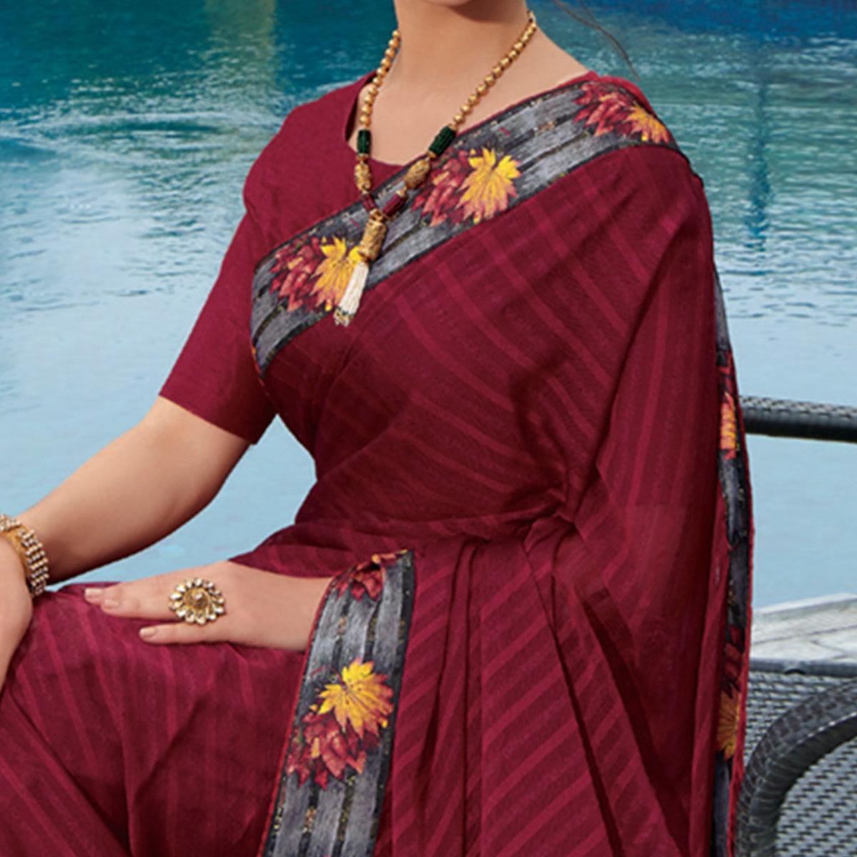 Wine Festive Wear Printed Brasso  Saree - Peachmode