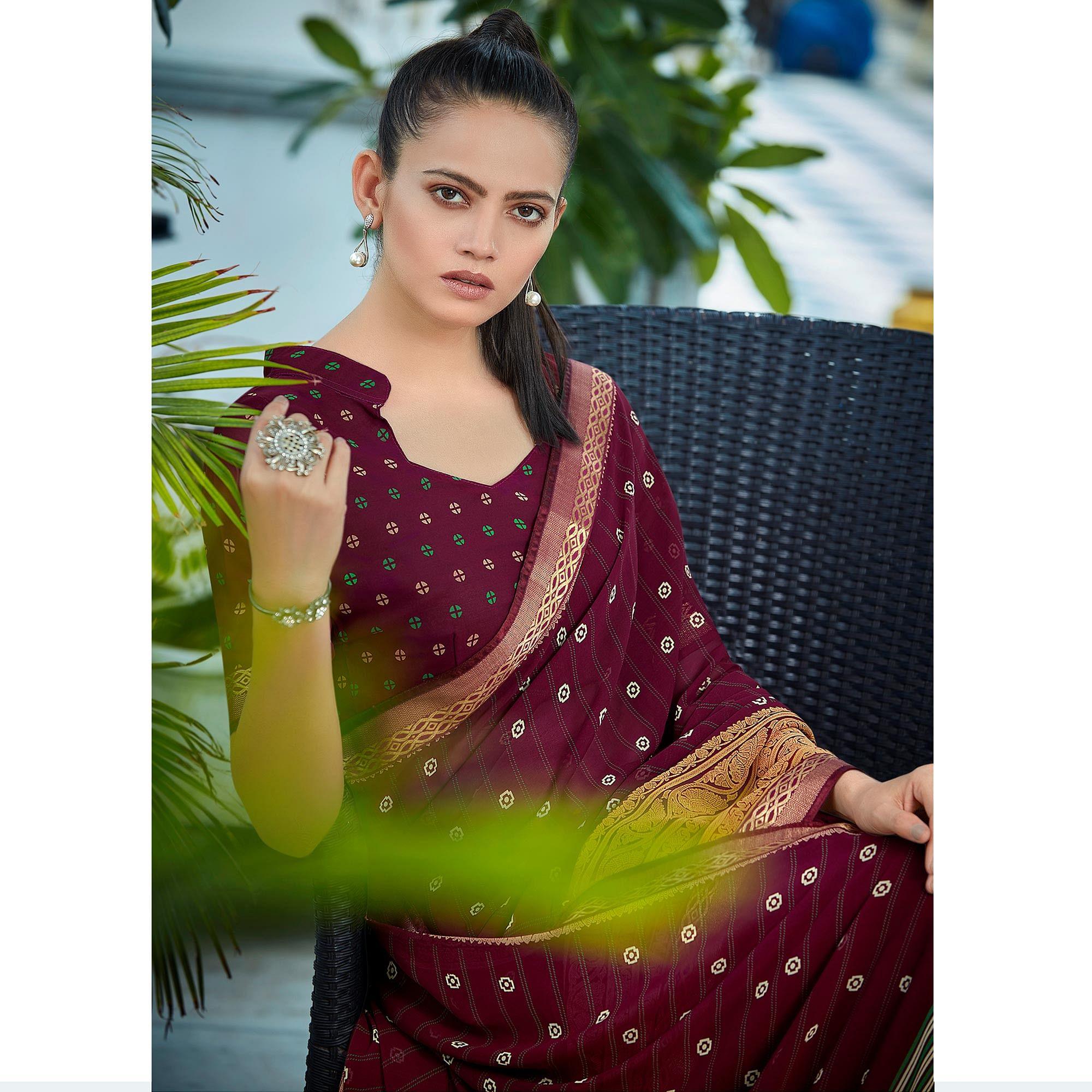 Wine Festive Wear Printed Georgette Saree With Border - Peachmode