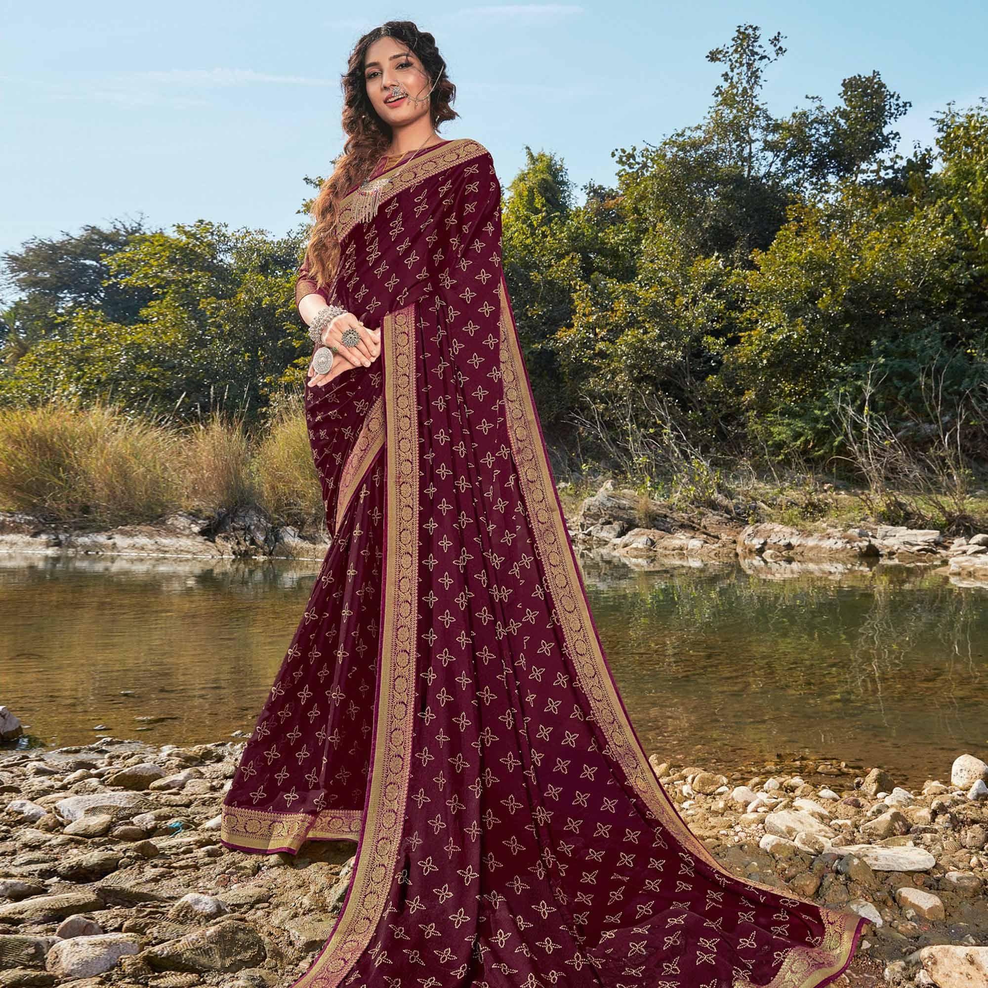 Wine Festive Wear Printed Silk Saree - Peachmode