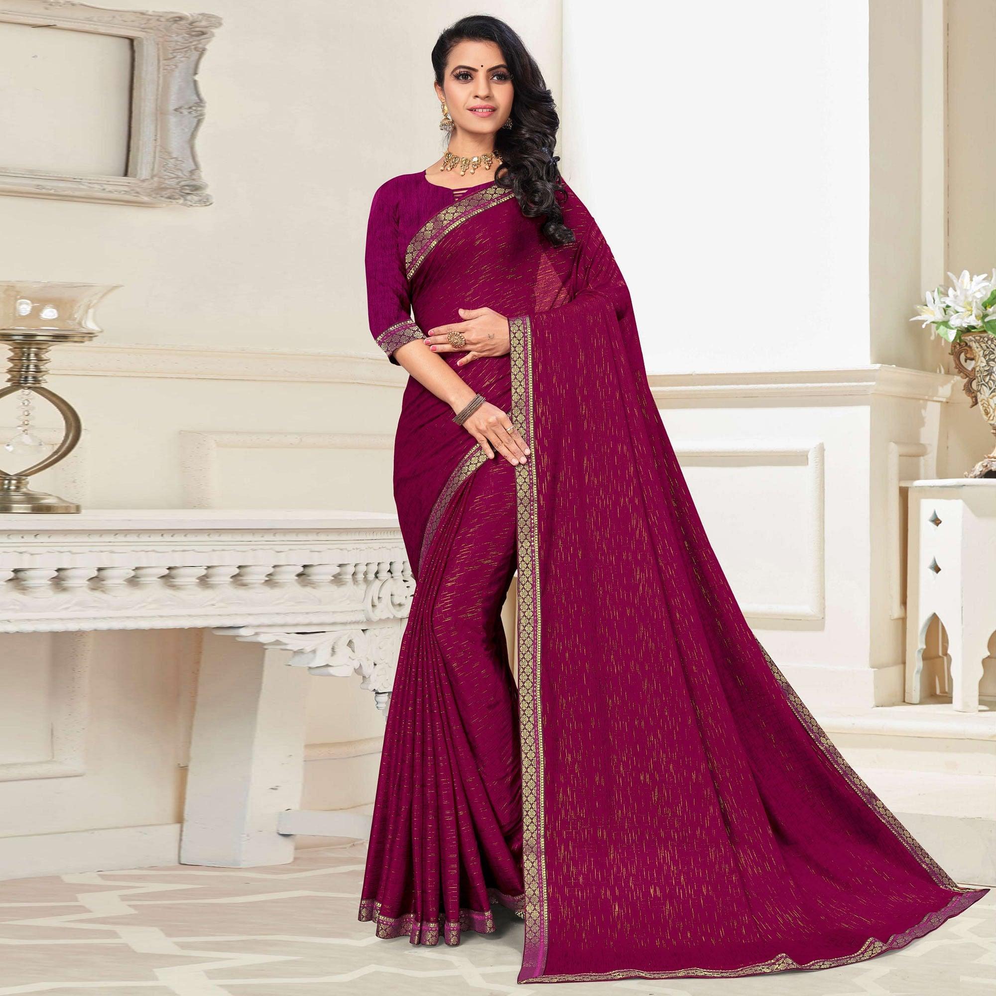 Wine Festive Wear Printed With Banarasi Lace Art Silk Saree - Peachmode