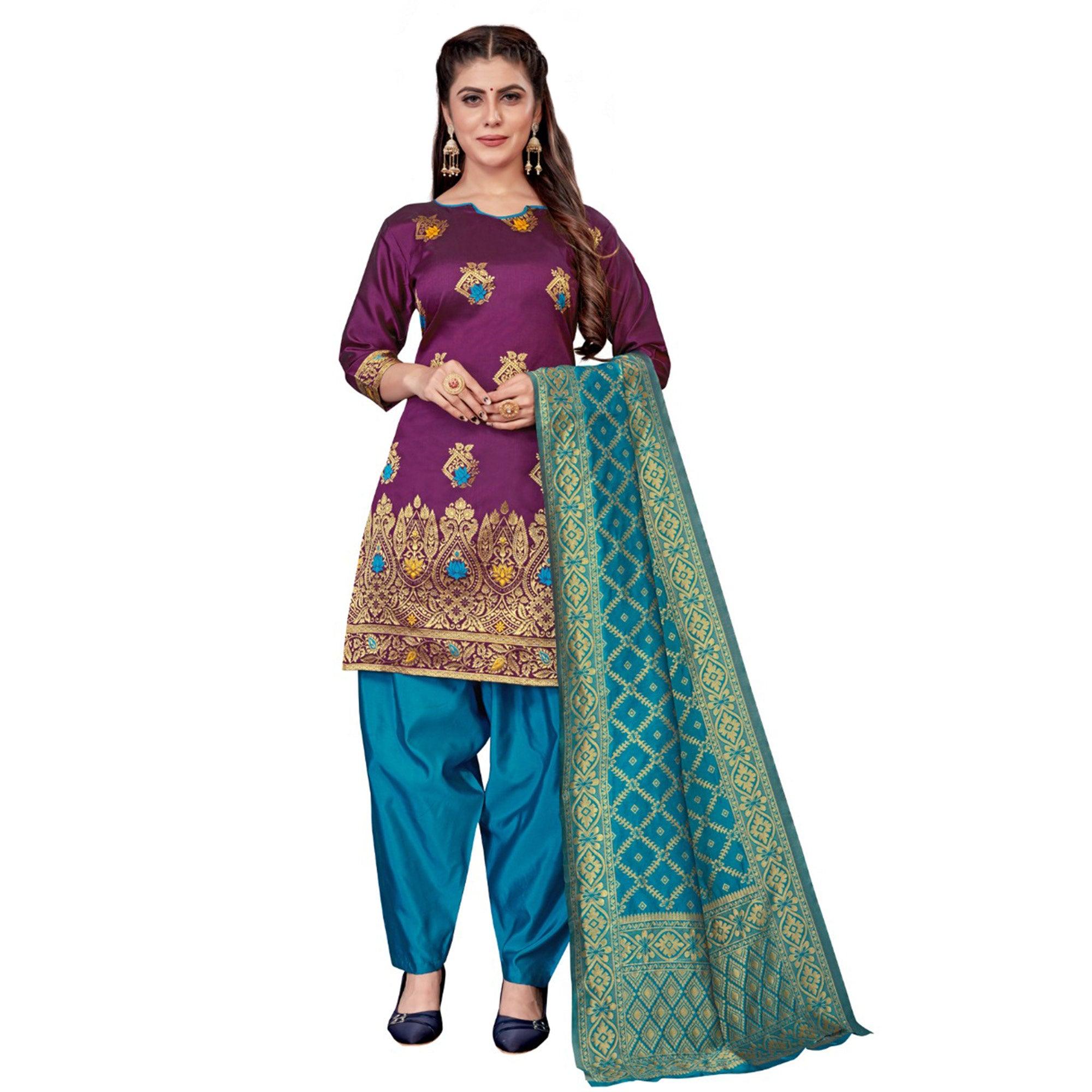 Wine Festive Wear Woven Banarasi Silk Dress Material - Peachmode