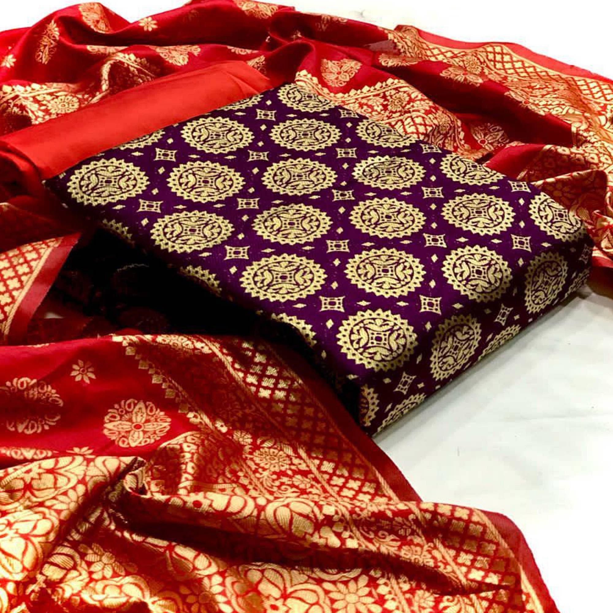 Wine Festive Wear Woven Banarasi Silk Dress Material - Peachmode