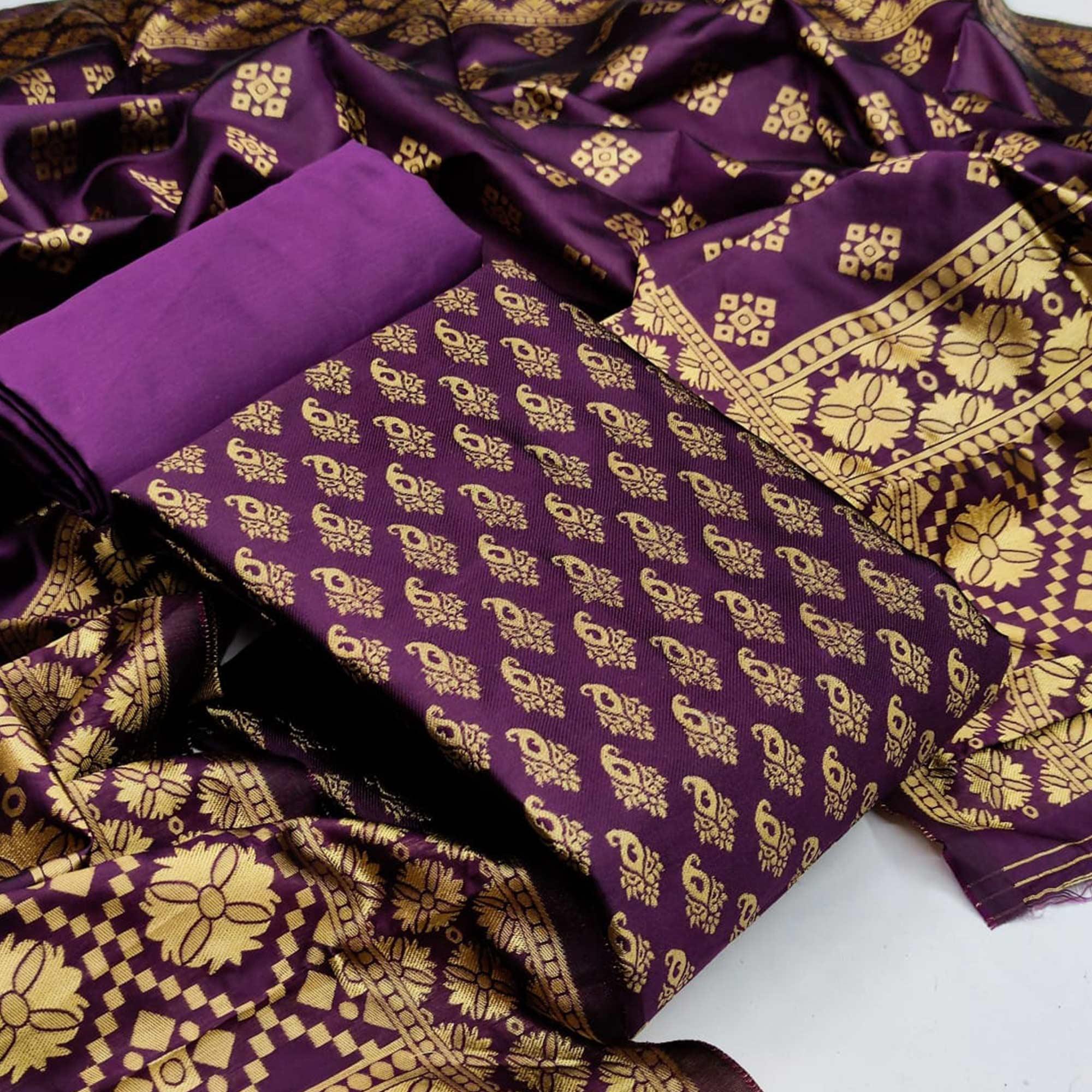 Wine Festive Wear Woven Banarasi Silk Dress Material - Peachmode