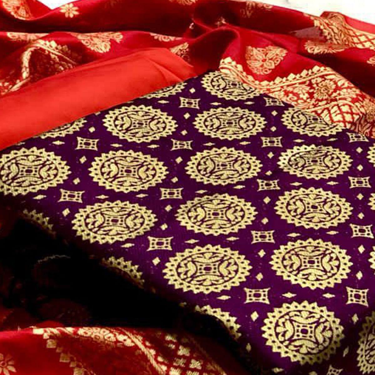 Wine Festive Wear Woven Banarasi Silk Dress Material - Peachmode