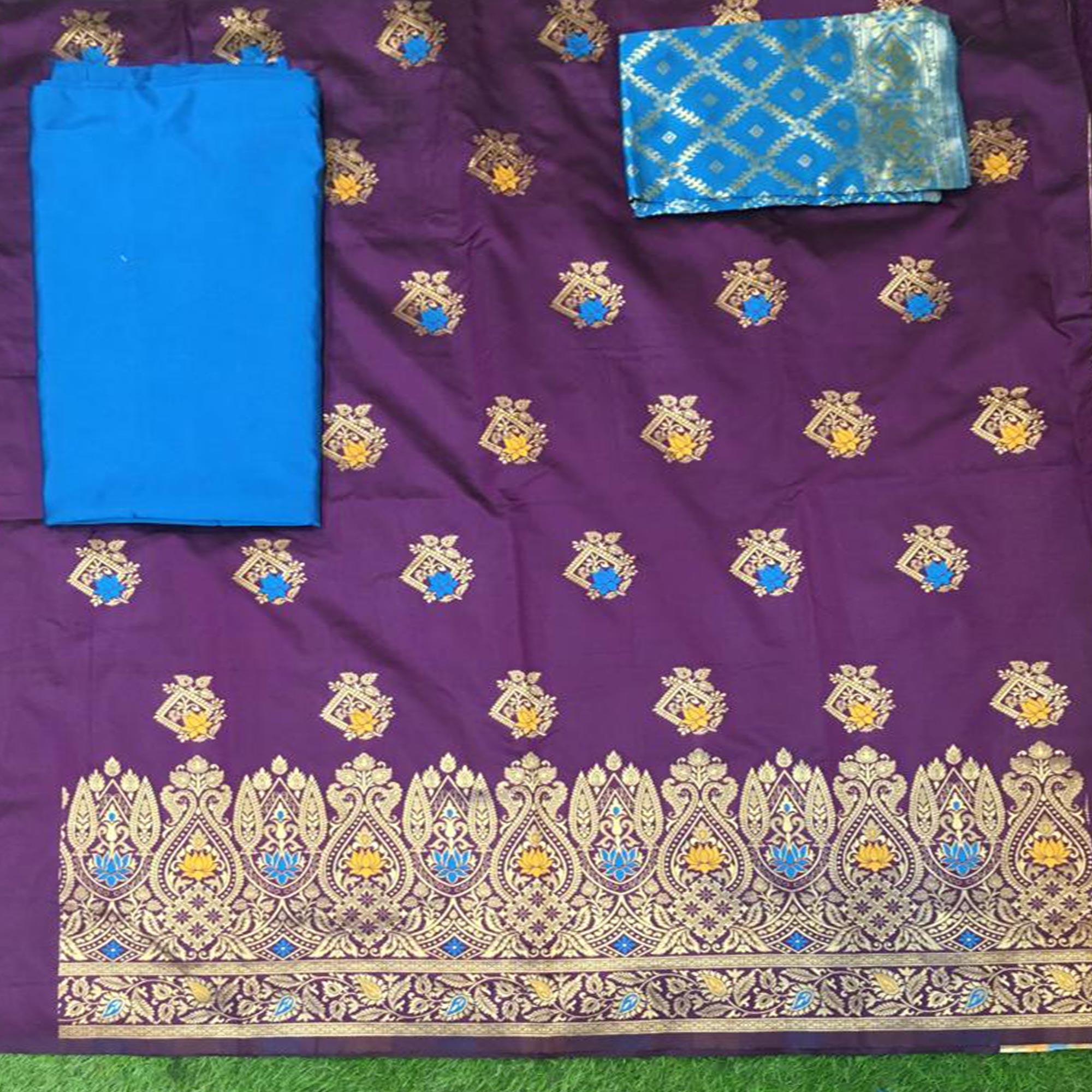 Wine Festive Wear Woven Banarasi Silk Dress Material - Peachmode