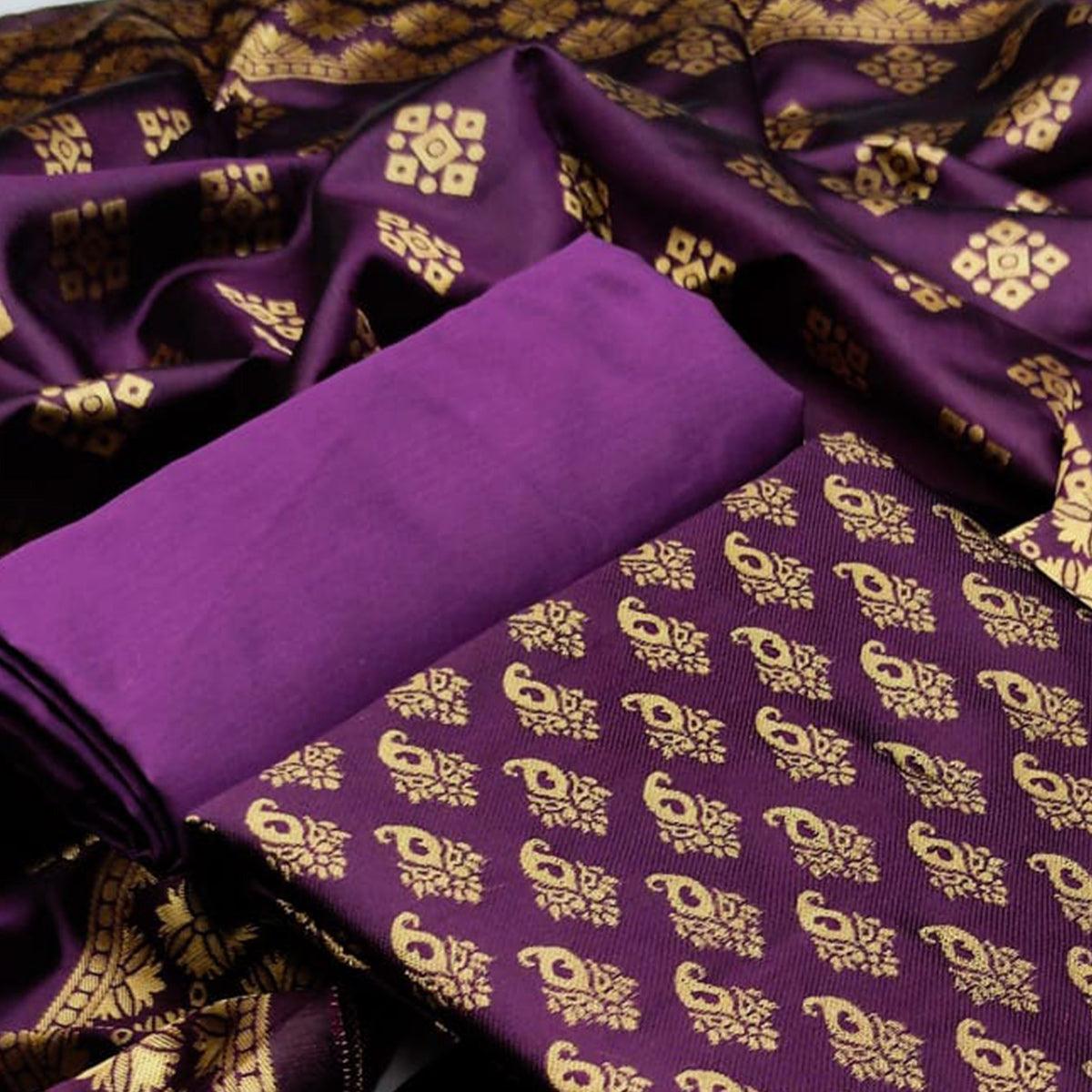 Wine Festive Wear Woven Banarasi Silk Dress Material - Peachmode