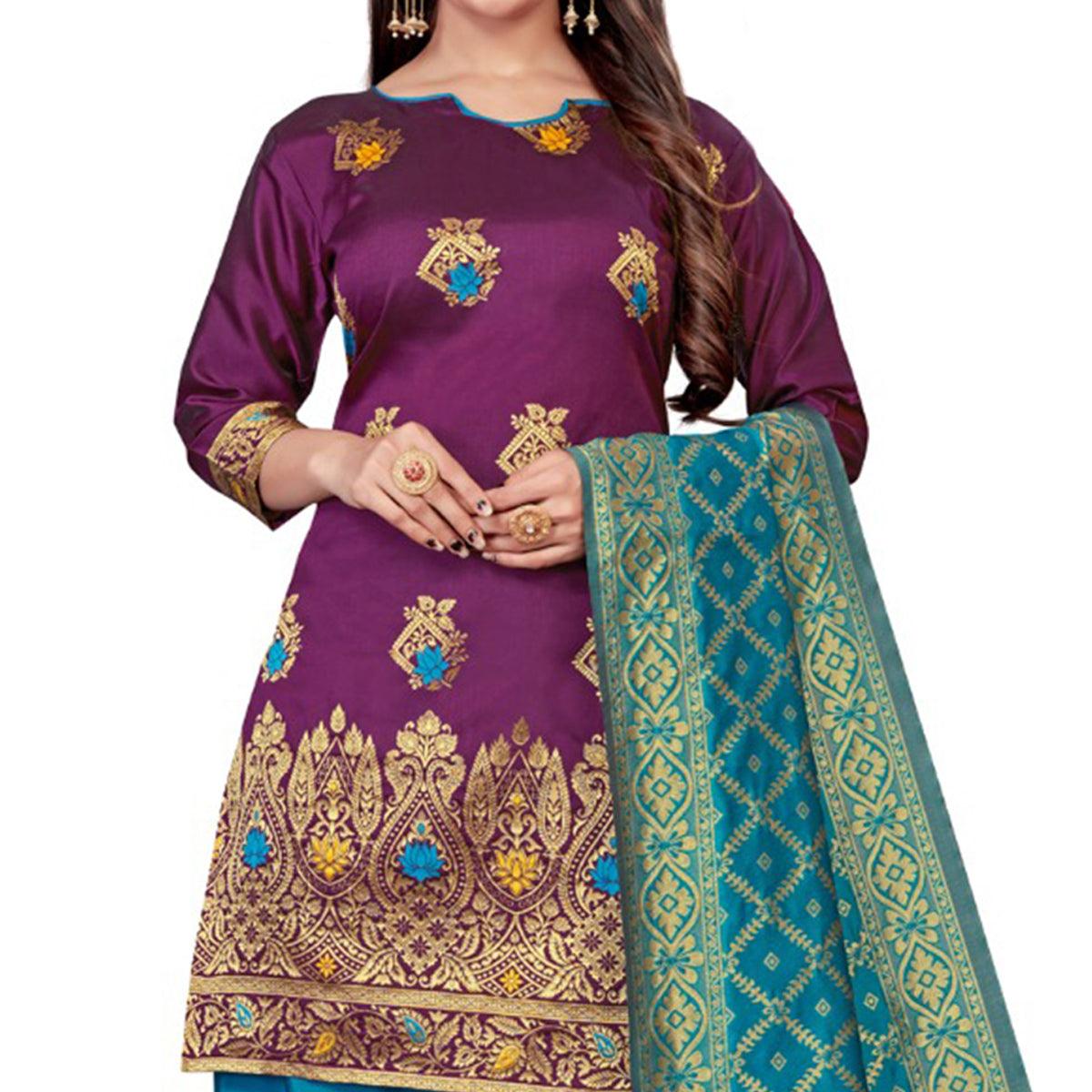 Wine Festive Wear Woven Banarasi Silk Dress Material - Peachmode