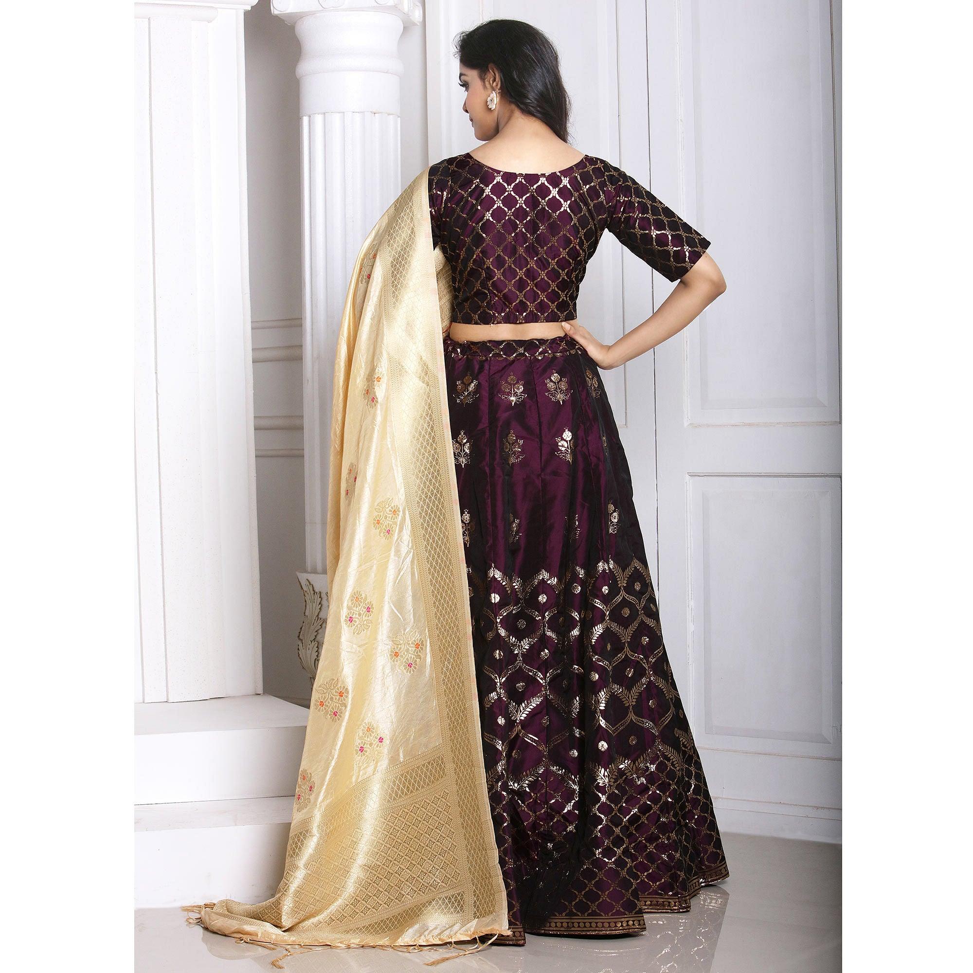 Wine Festive Wear Woven Banarasi Silk Lehenga Choli - Peachmode