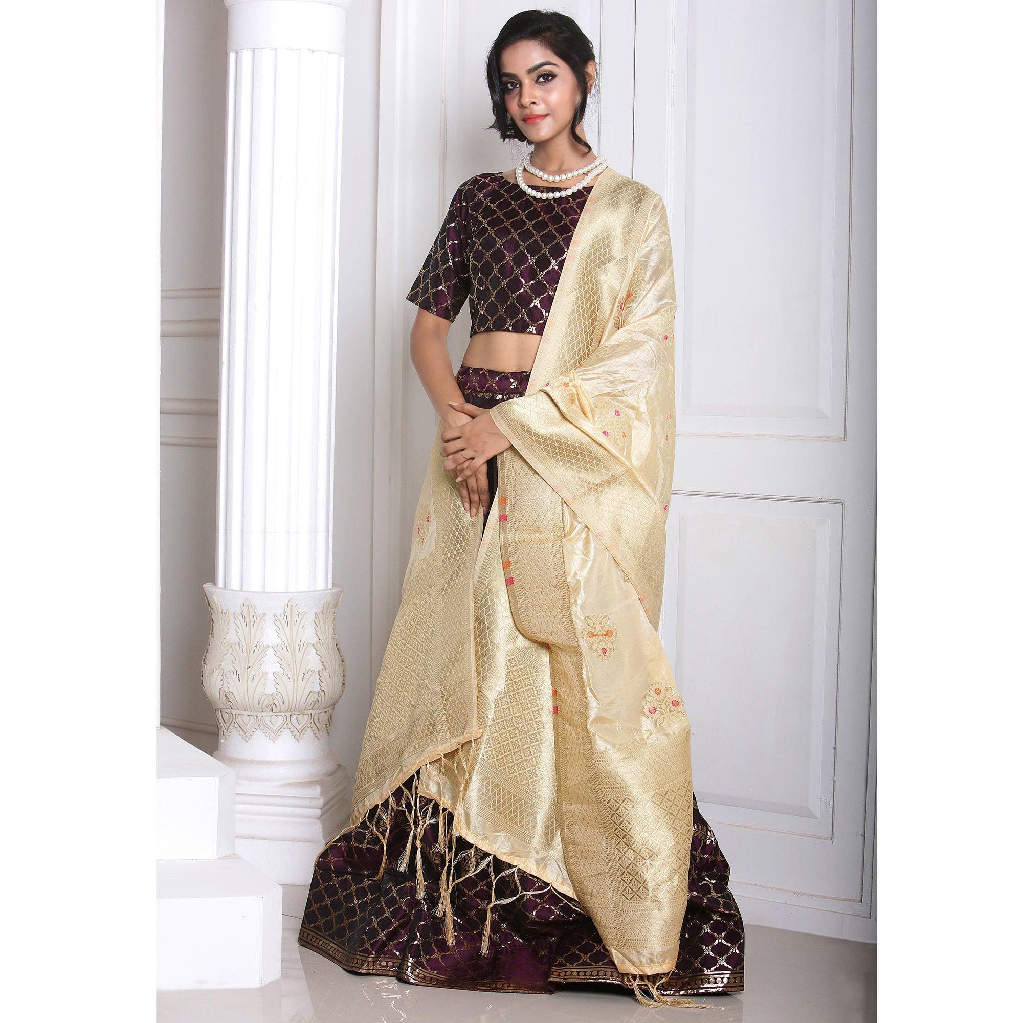 Wine Festive Wear Woven Banarasi Silk Lehenga Choli - Peachmode