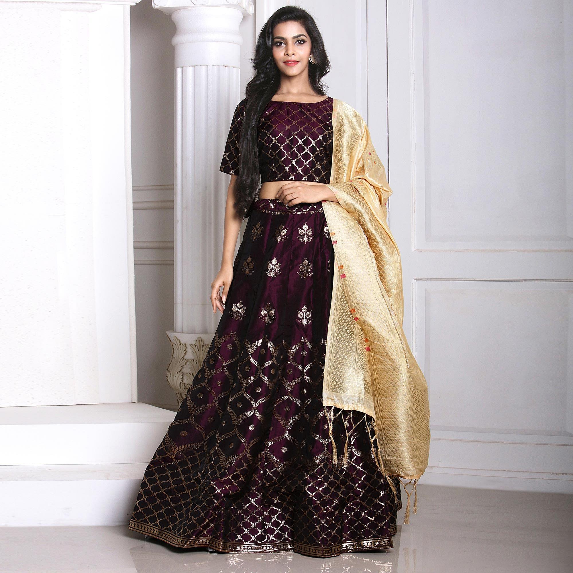 Wine Festive Wear Woven Banarasi Silk Lehenga Choli - Peachmode