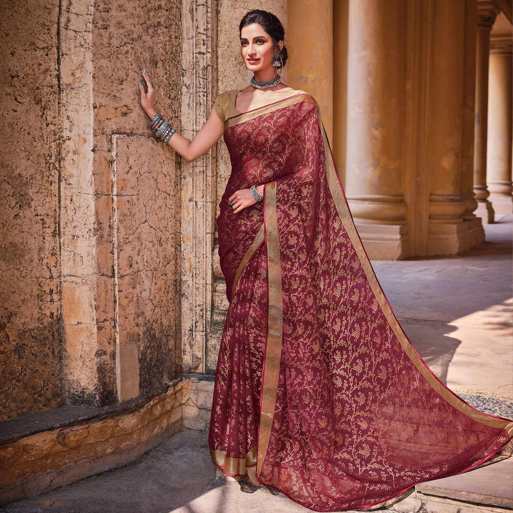 Wine Festive Wear Woven Brasso Saree - Peachmode