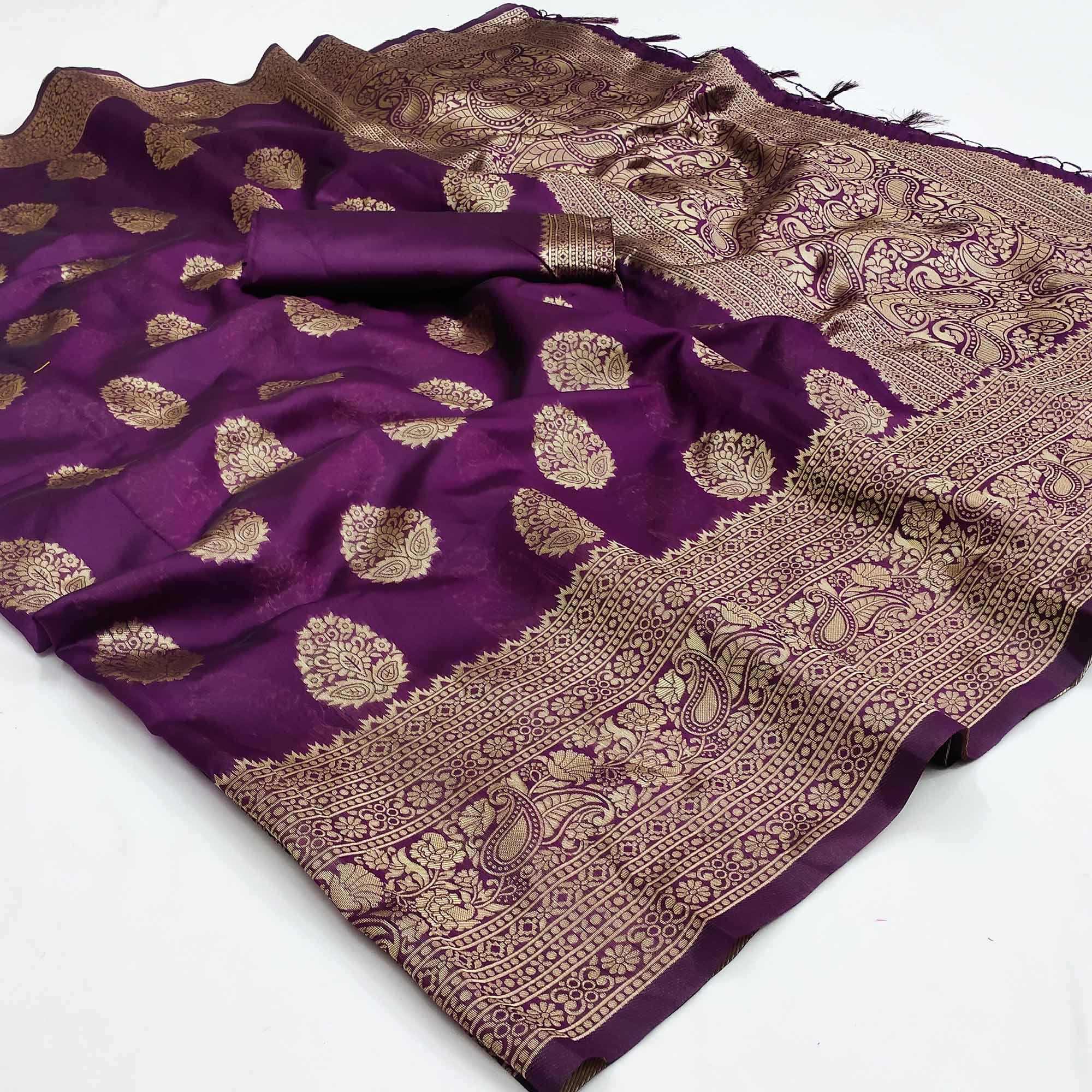 Wine Festive Wear Woven Cotton Silk Saree - Peachmode