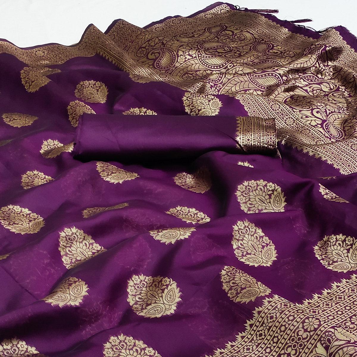 Wine Festive Wear Woven Cotton Silk Saree - Peachmode
