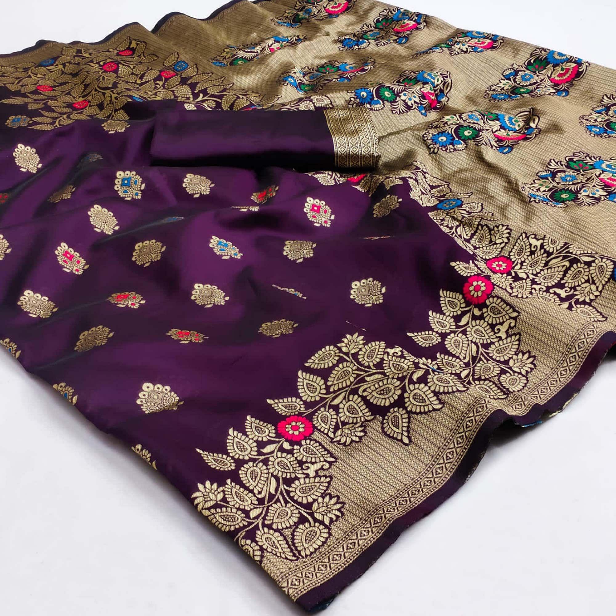 Wine Festive Wear Woven Litchi Silk Saree - Peachmode